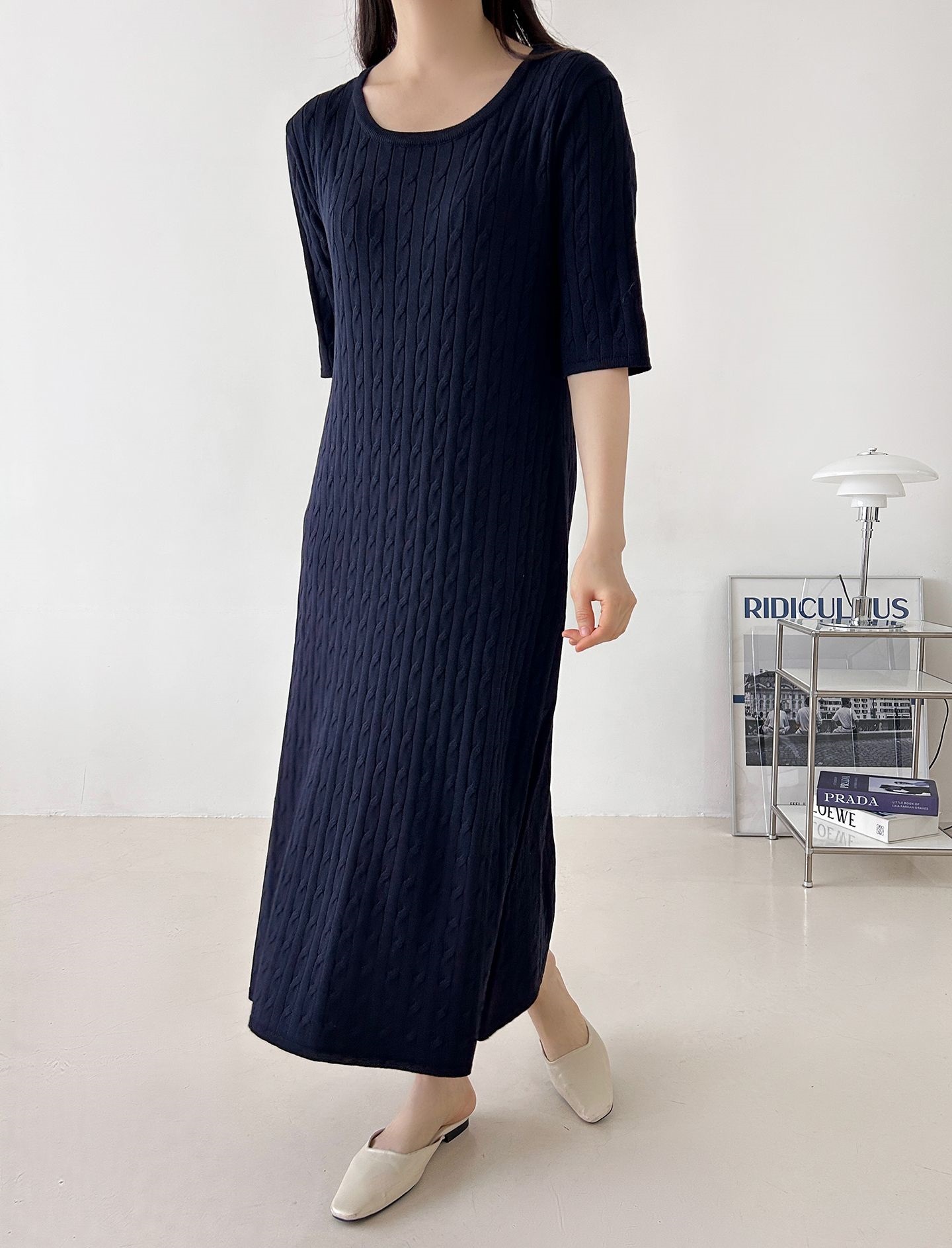 ニットラウンドネックケーブルロング半袖ワンピース | 詳細画像34