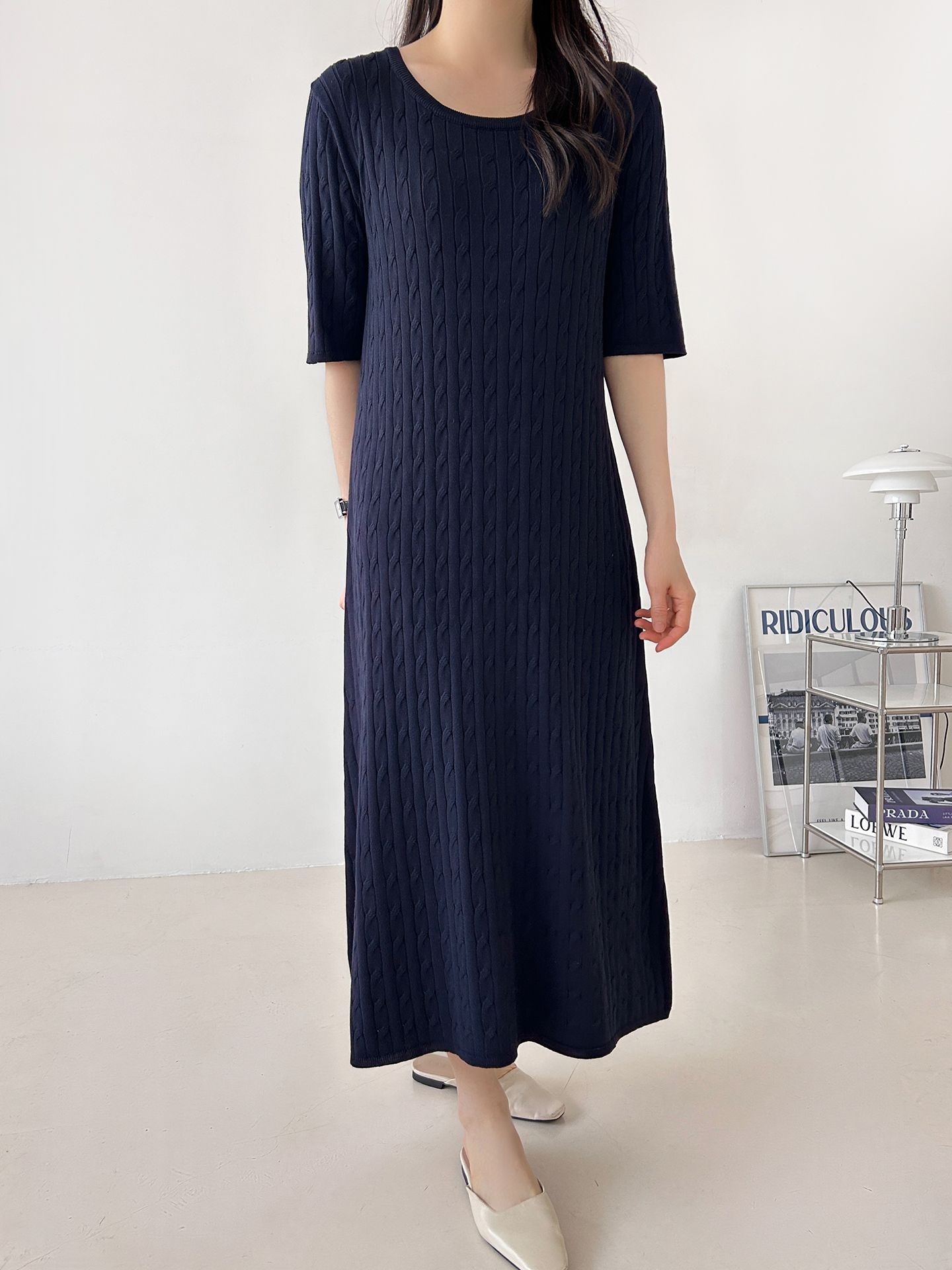 ニットラウンドネックケーブルロング半袖ワンピース | 詳細画像35