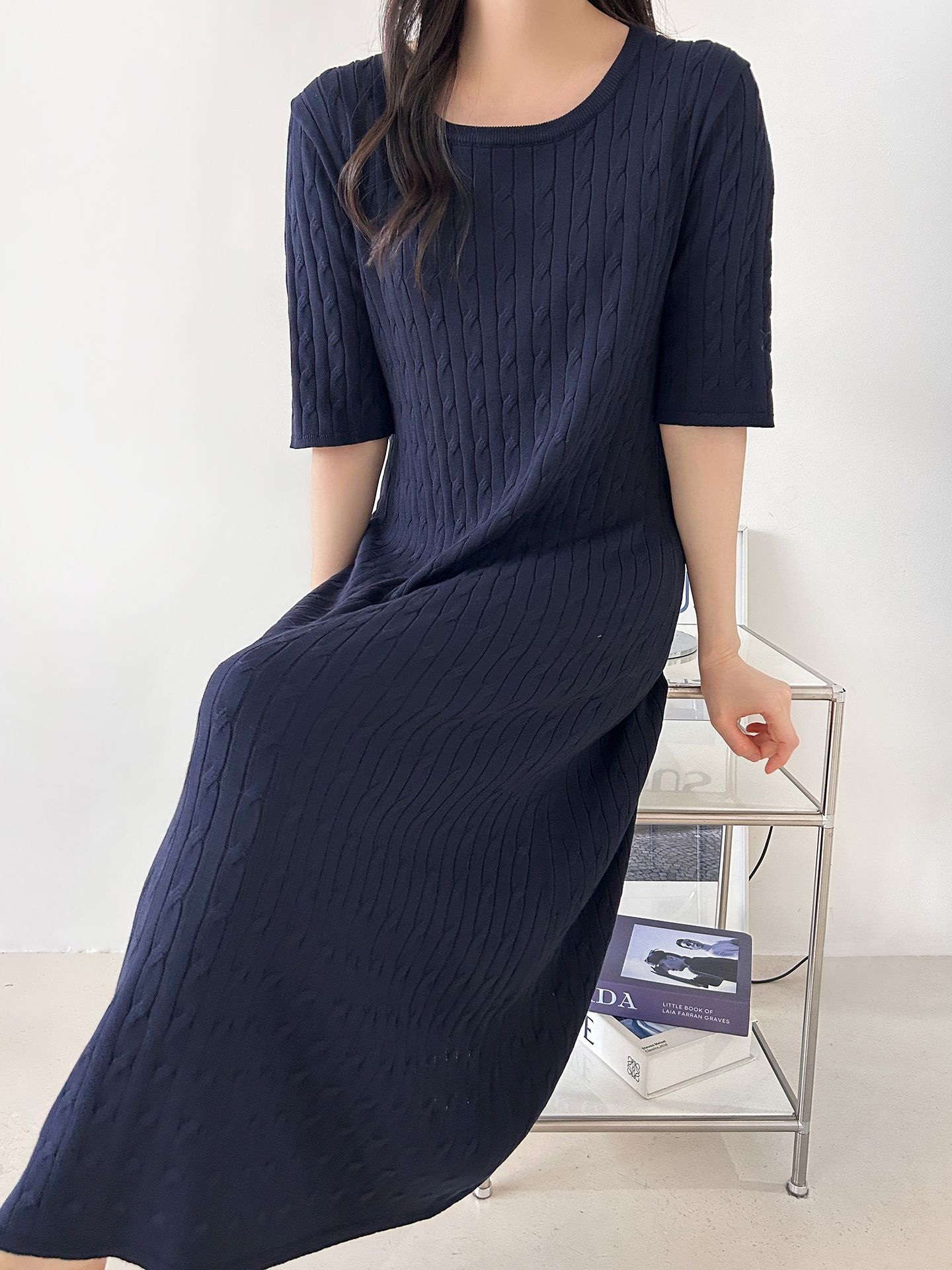 ニットラウンドネックケーブルロング半袖ワンピース | 詳細画像36