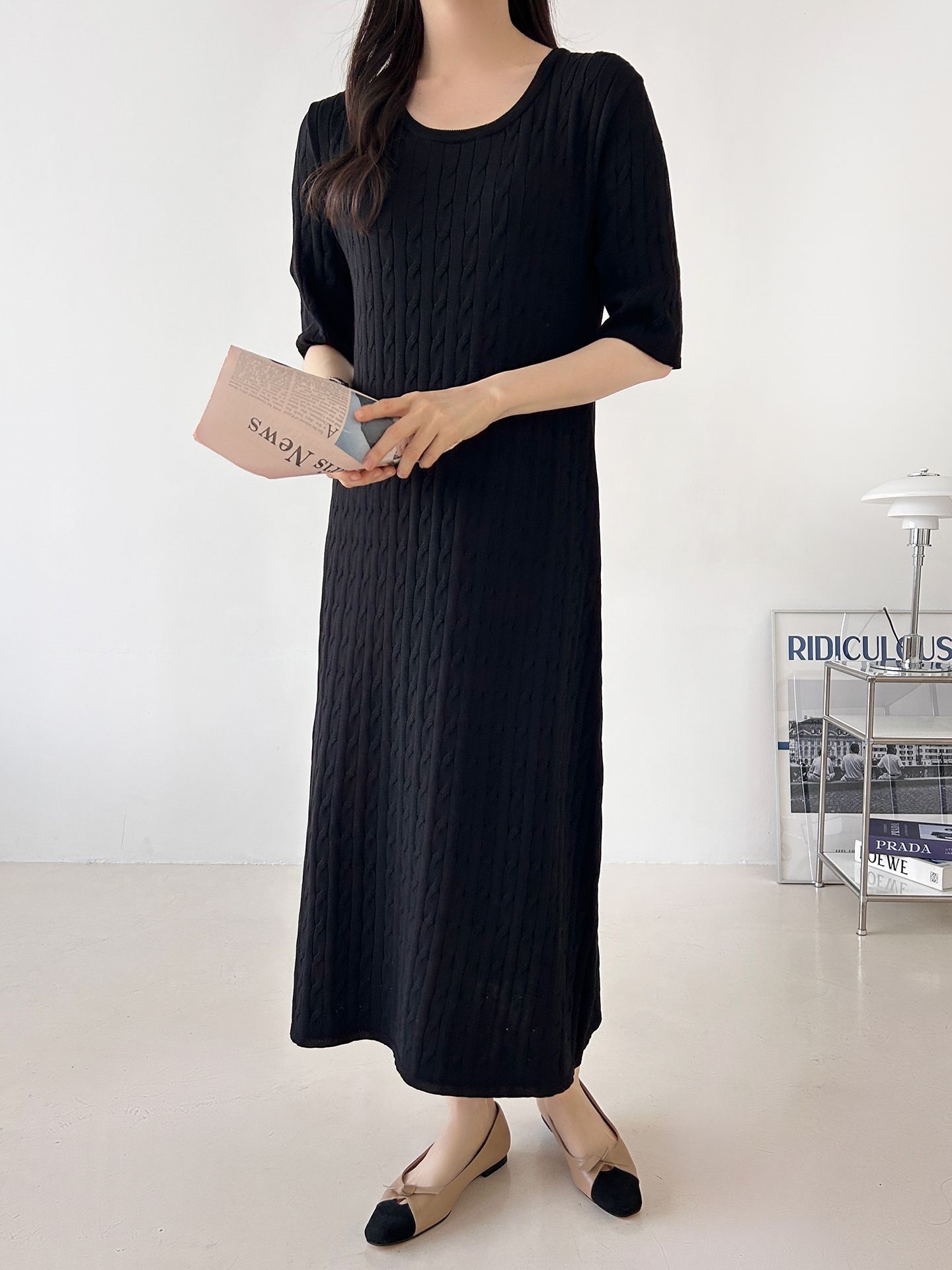 ニットラウンドネックケーブルロング半袖ワンピース | 詳細画像5