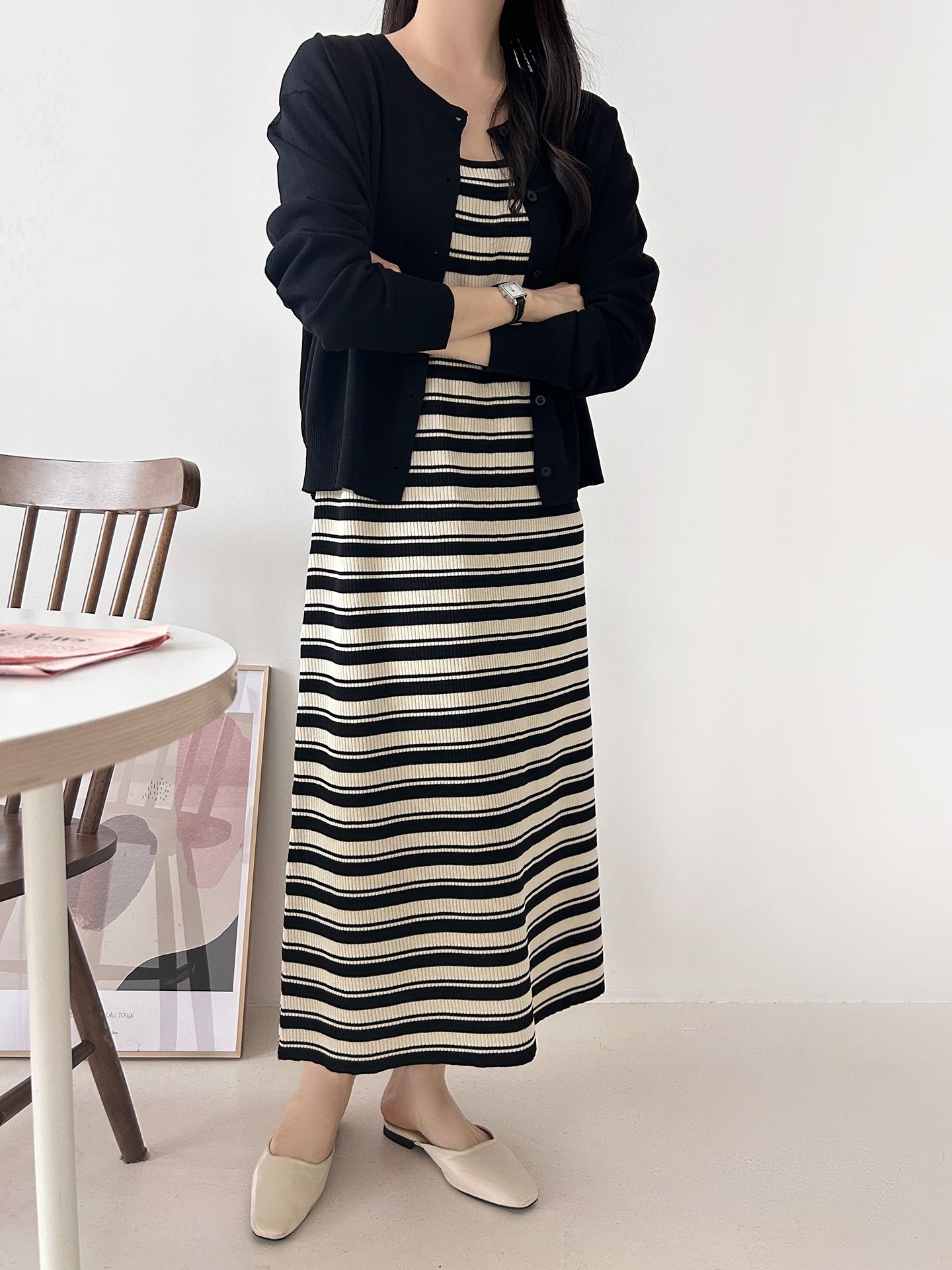 ニットラウンドネックロングボーダーワンピースカーディガンアンサンブル | 詳細画像3