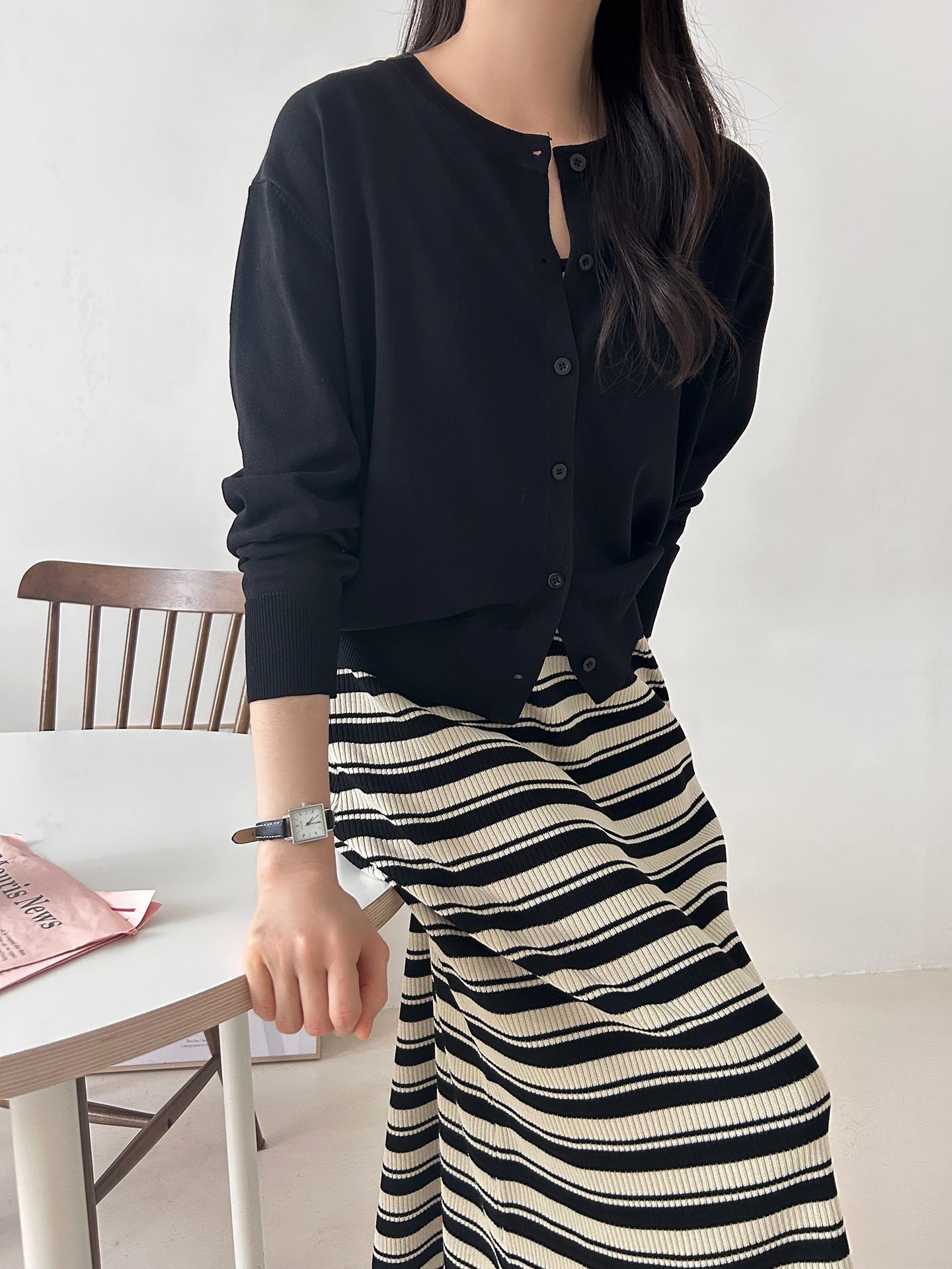 ニットラウンドネックロングボーダーワンピースカーディガンアンサンブル | 詳細画像4