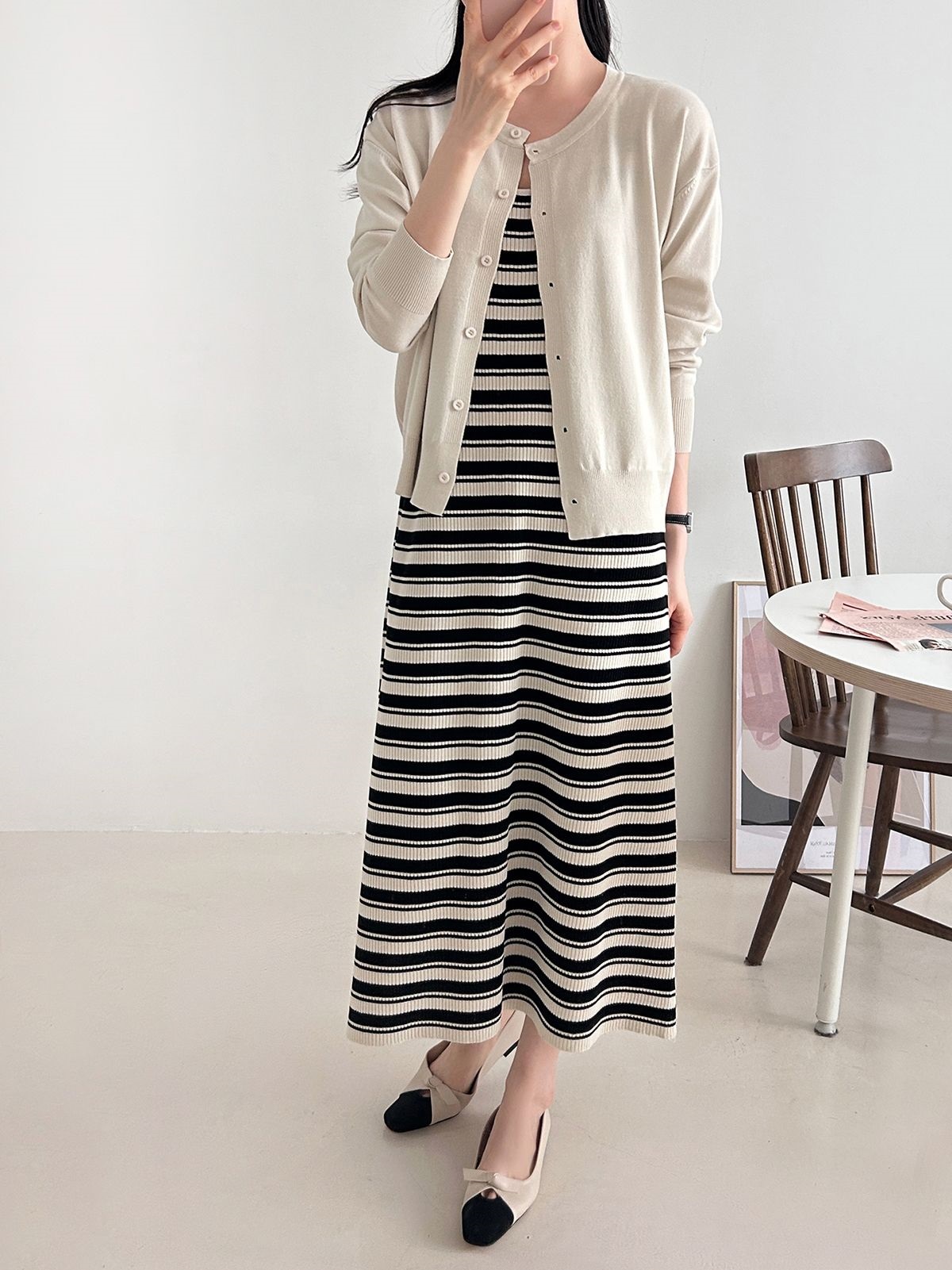 ニットラウンドネックロングボーダーワンピースカーディガンアンサンブル | 詳細画像14