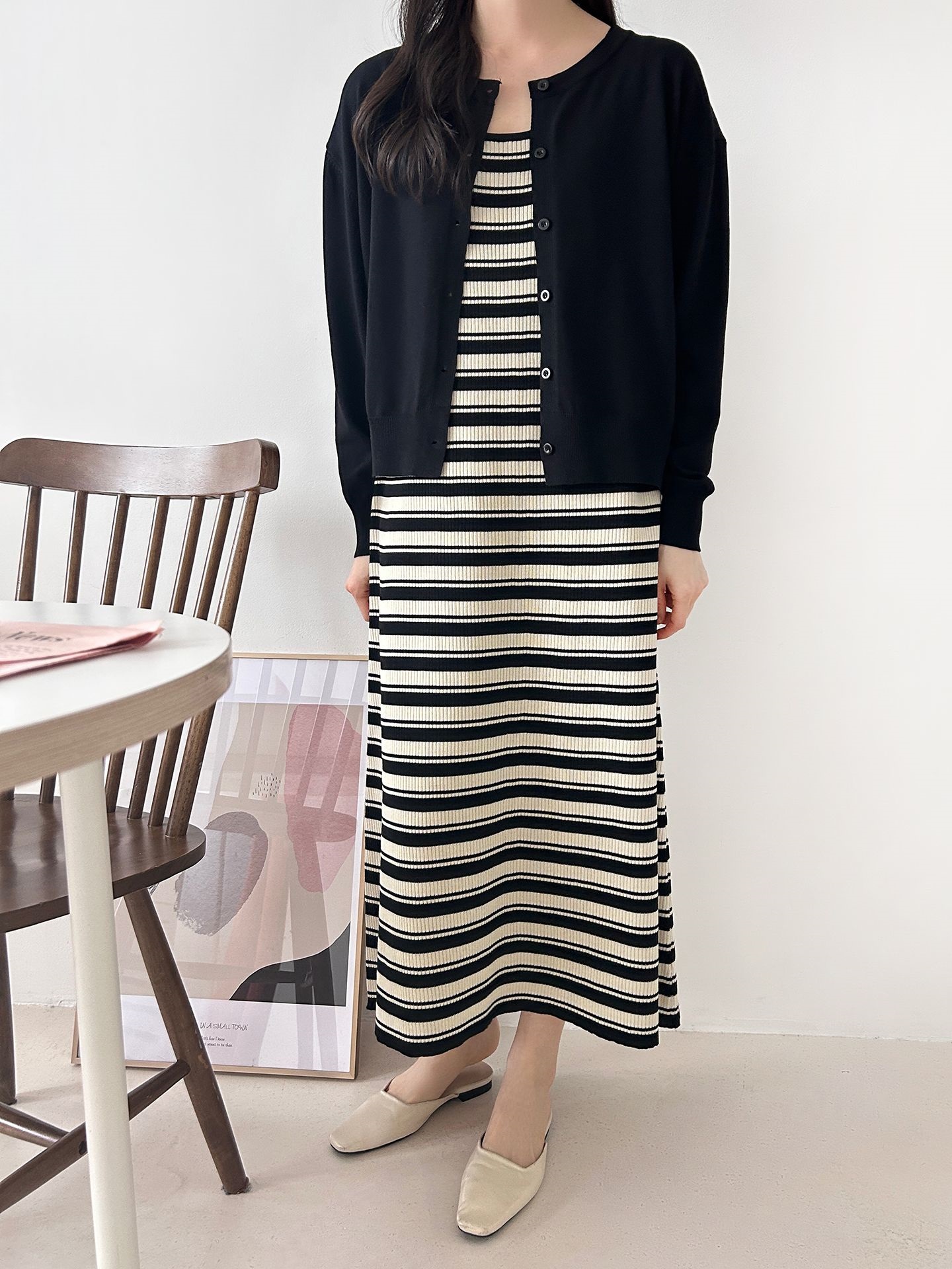 ニットラウンドネックロングボーダーワンピースカーディガンアンサンブル | 詳細画像7