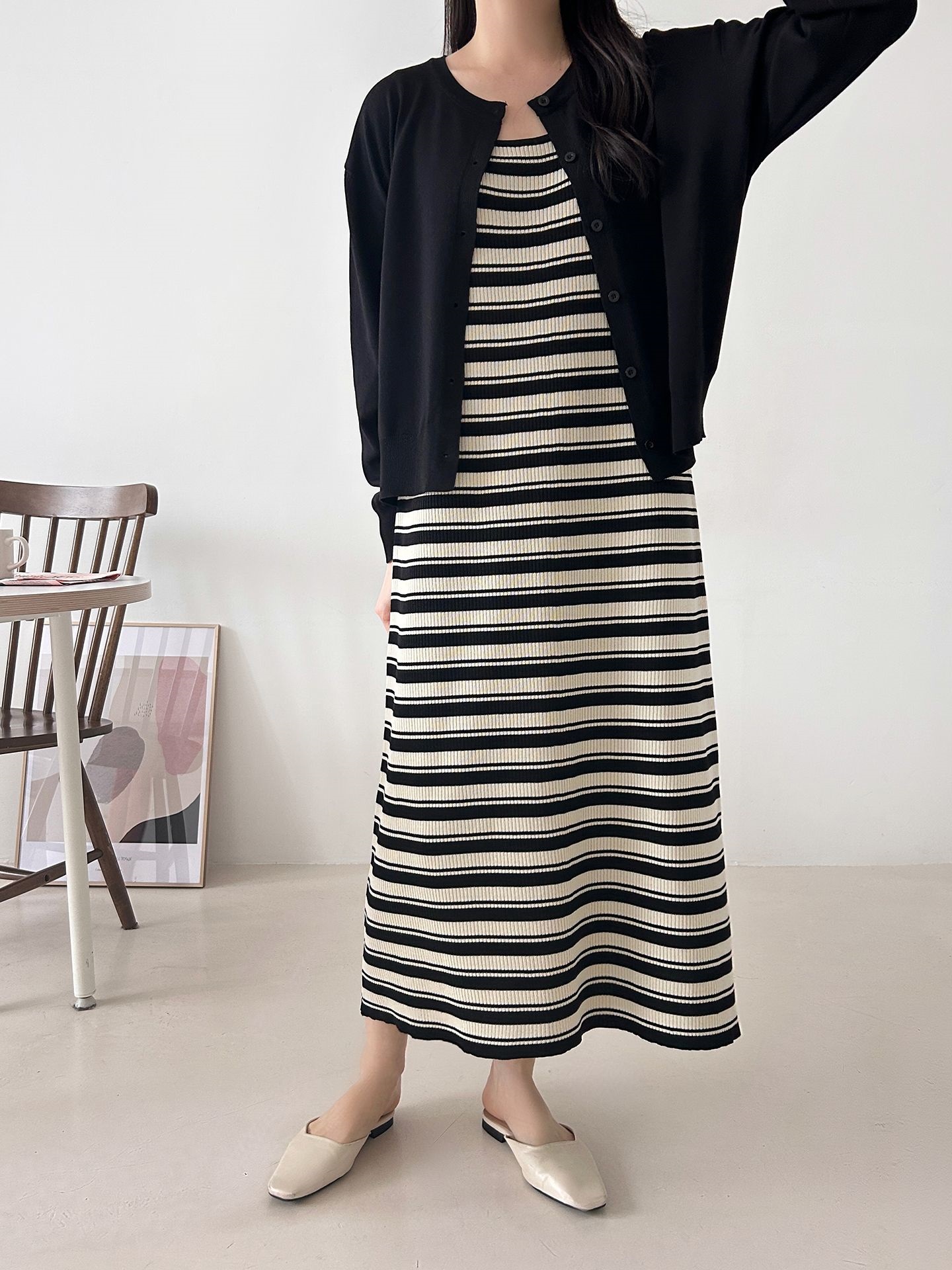 ニットラウンドネックロングボーダーワンピースカーディガンアンサンブル | 詳細画像8