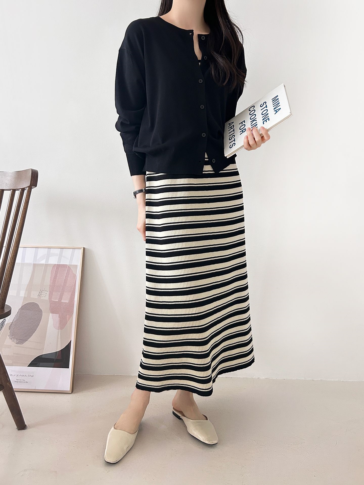 ニットラウンドネックロングボーダーワンピースカーディガンアンサンブル | 詳細画像10