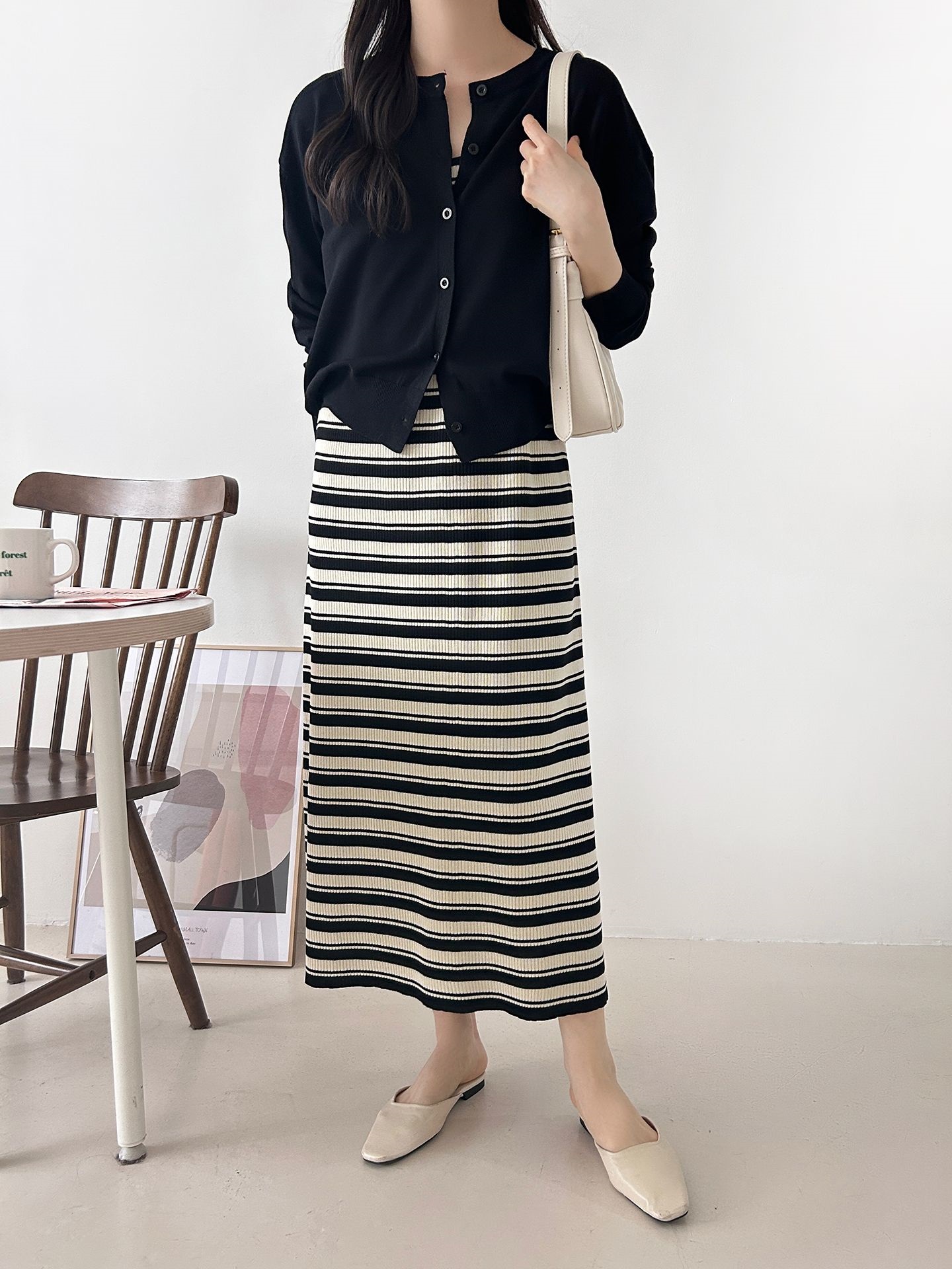 ニットラウンドネックロングボーダーワンピースカーディガンアンサンブル | 詳細画像11