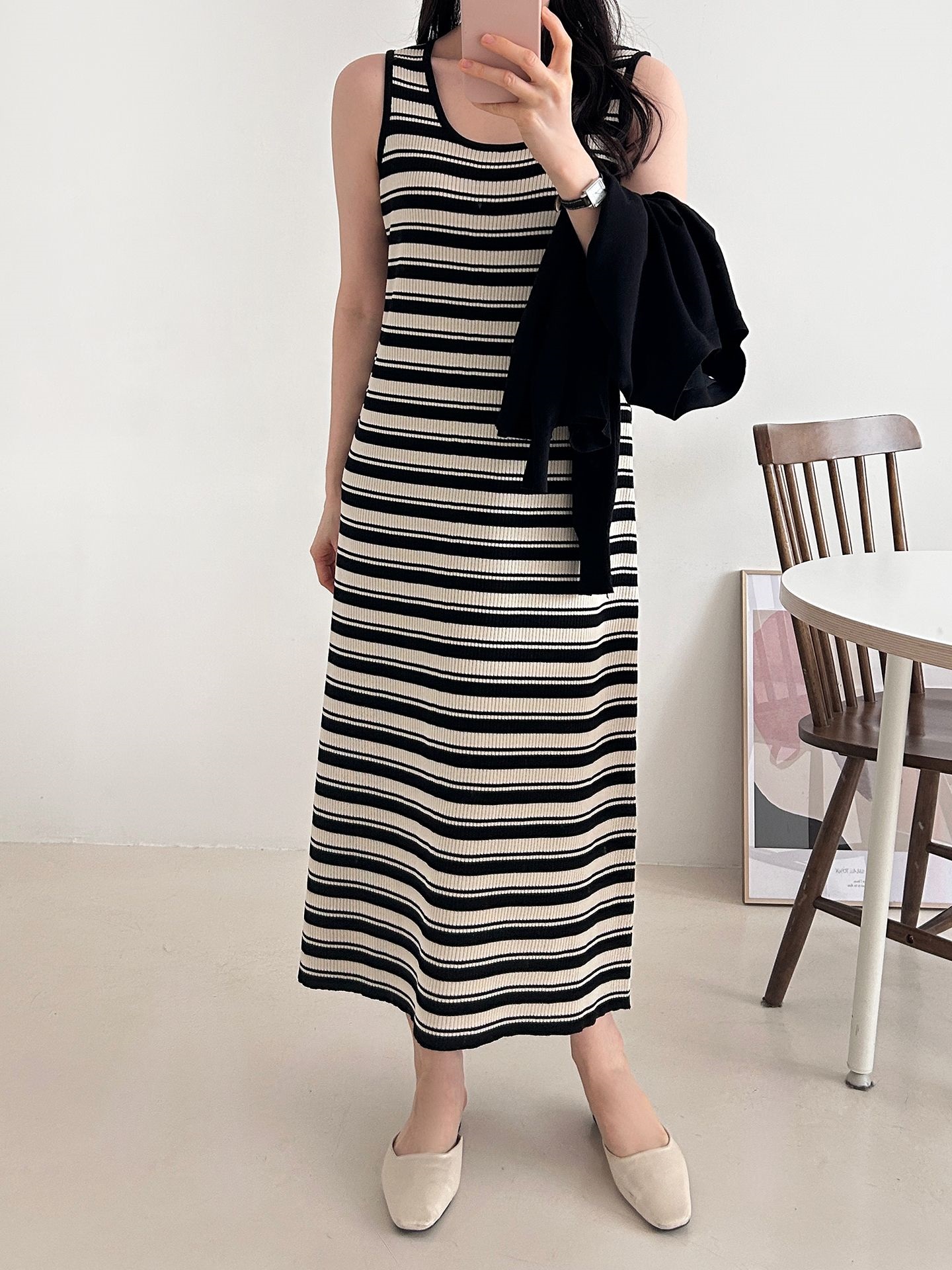 ニットラウンドネックロングボーダーワンピースカーディガンアンサンブル | 詳細画像12