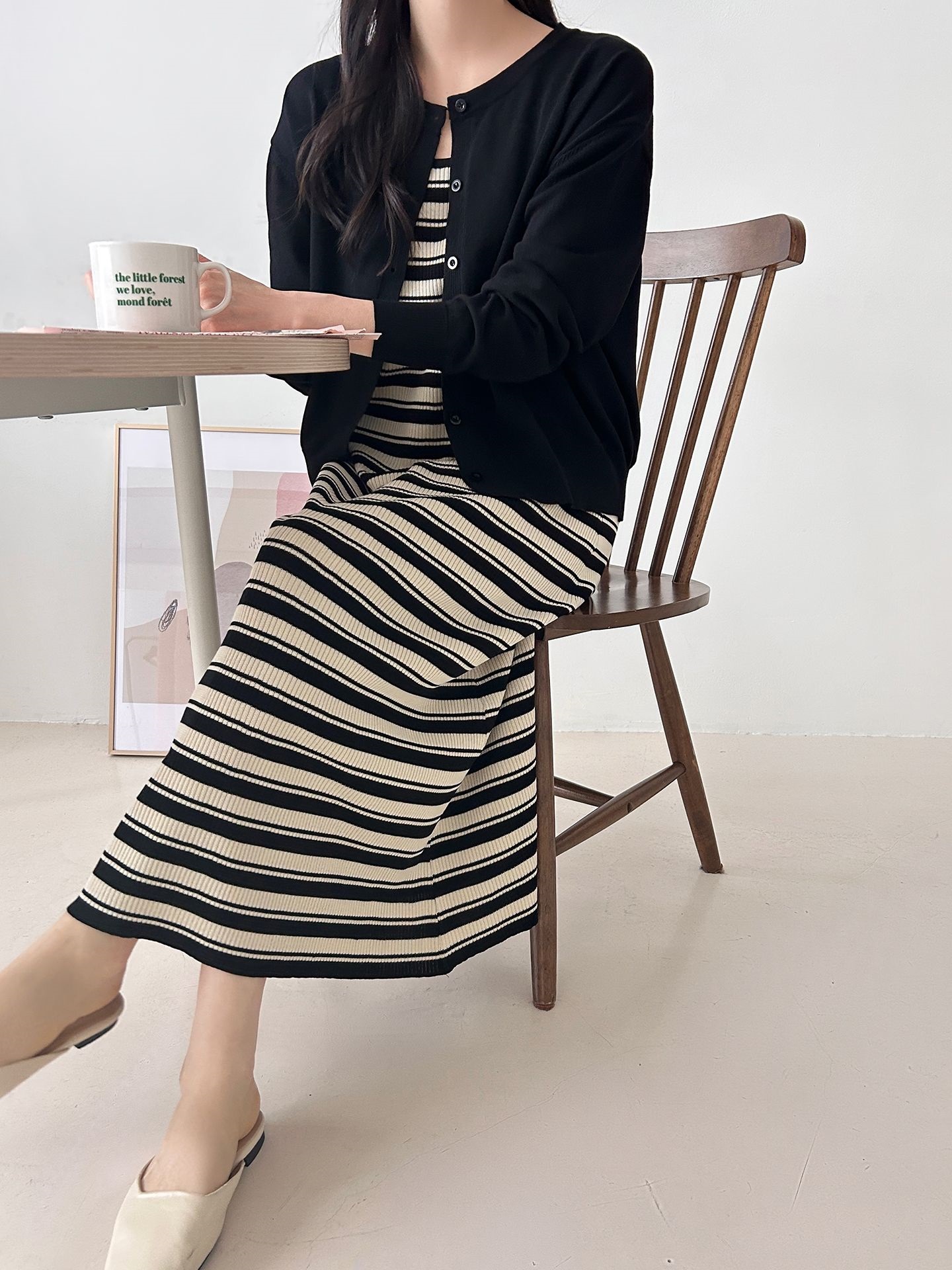 ニットラウンドネックロングボーダーワンピースカーディガンアンサンブル | 詳細画像13