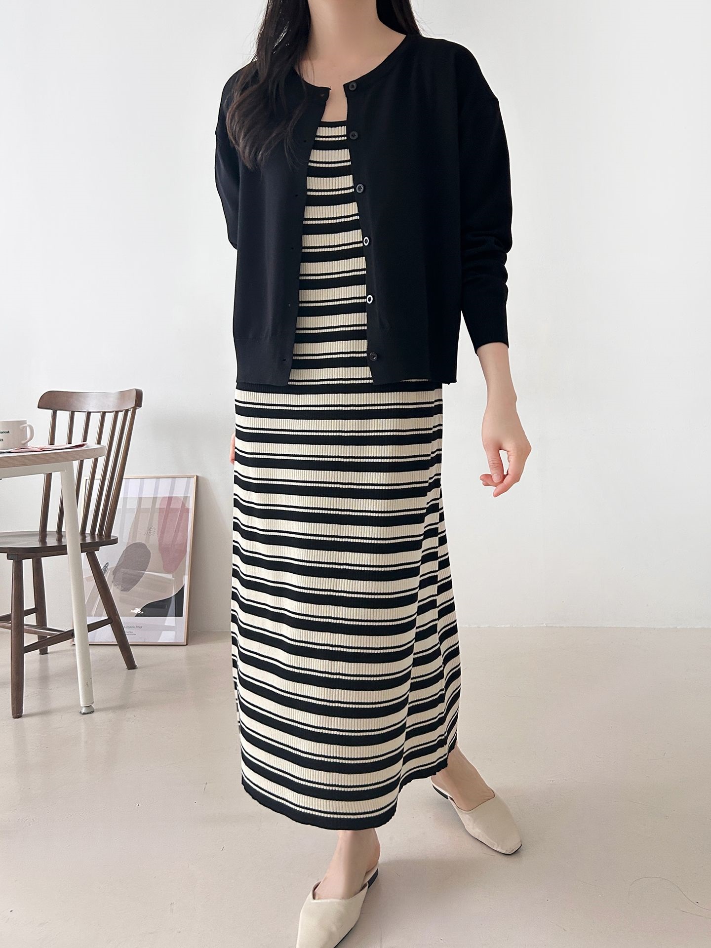 ニットラウンドネックロングボーダーワンピースカーディガンアンサンブル | 詳細画像6