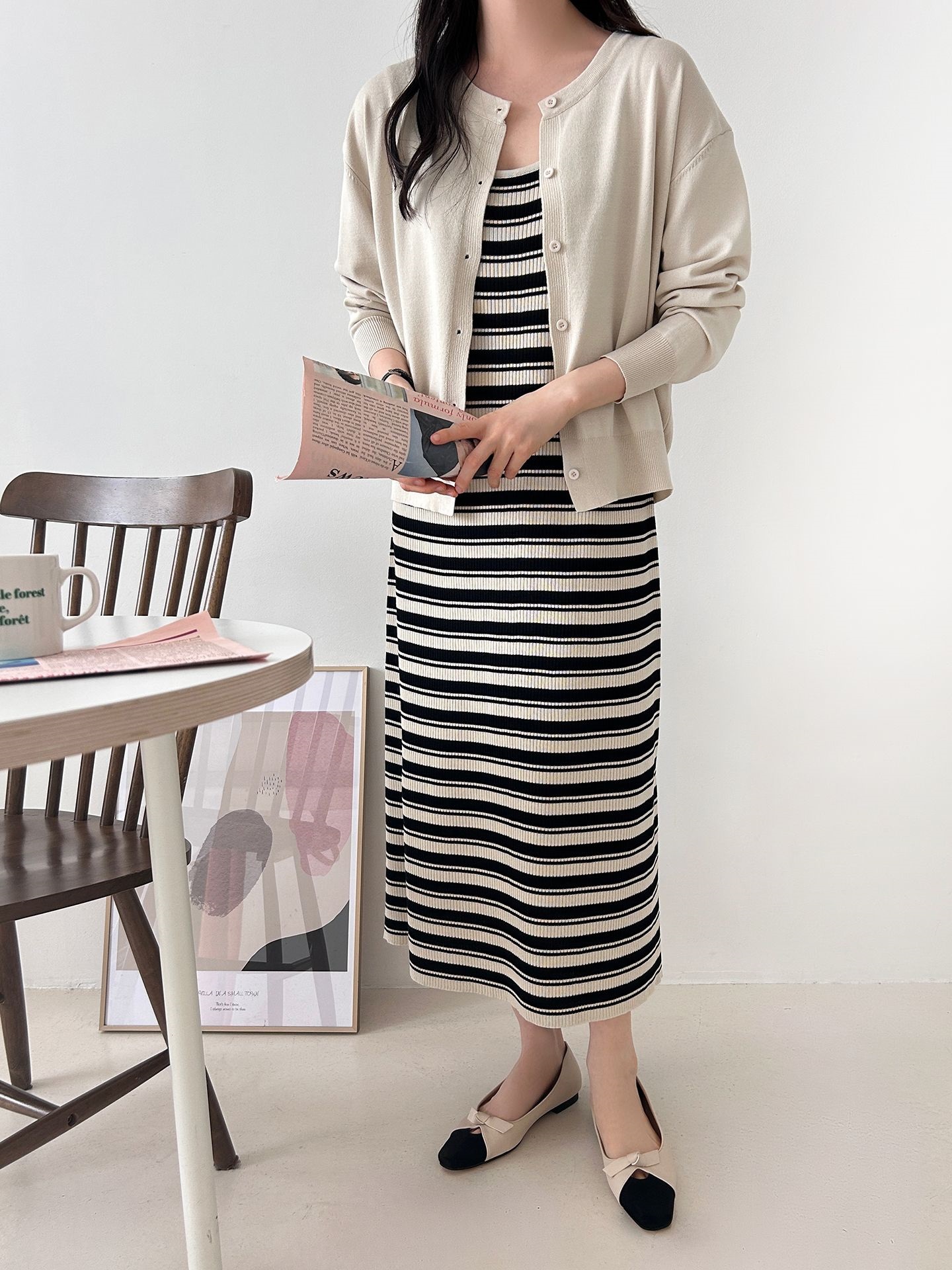 ニットラウンドネックロングボーダーワンピースカーディガンアンサンブル | 詳細画像15