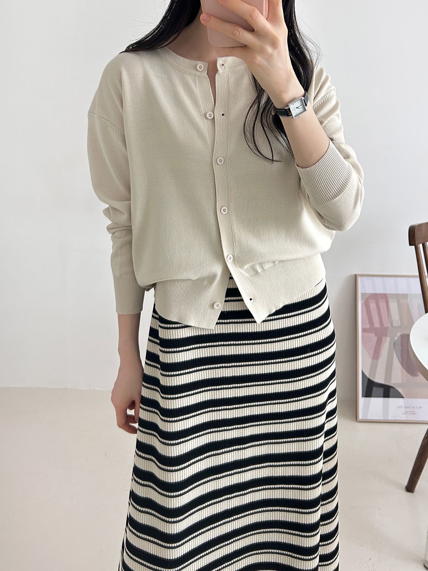 ニットラウンドネックロングボーダーワンピースカーディガンアンサンブル | 詳細画像17