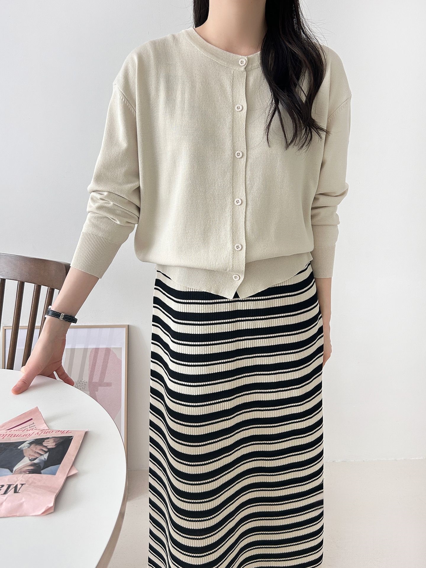 ニットラウンドネックロングボーダーワンピースカーディガンアンサンブル | 詳細画像18