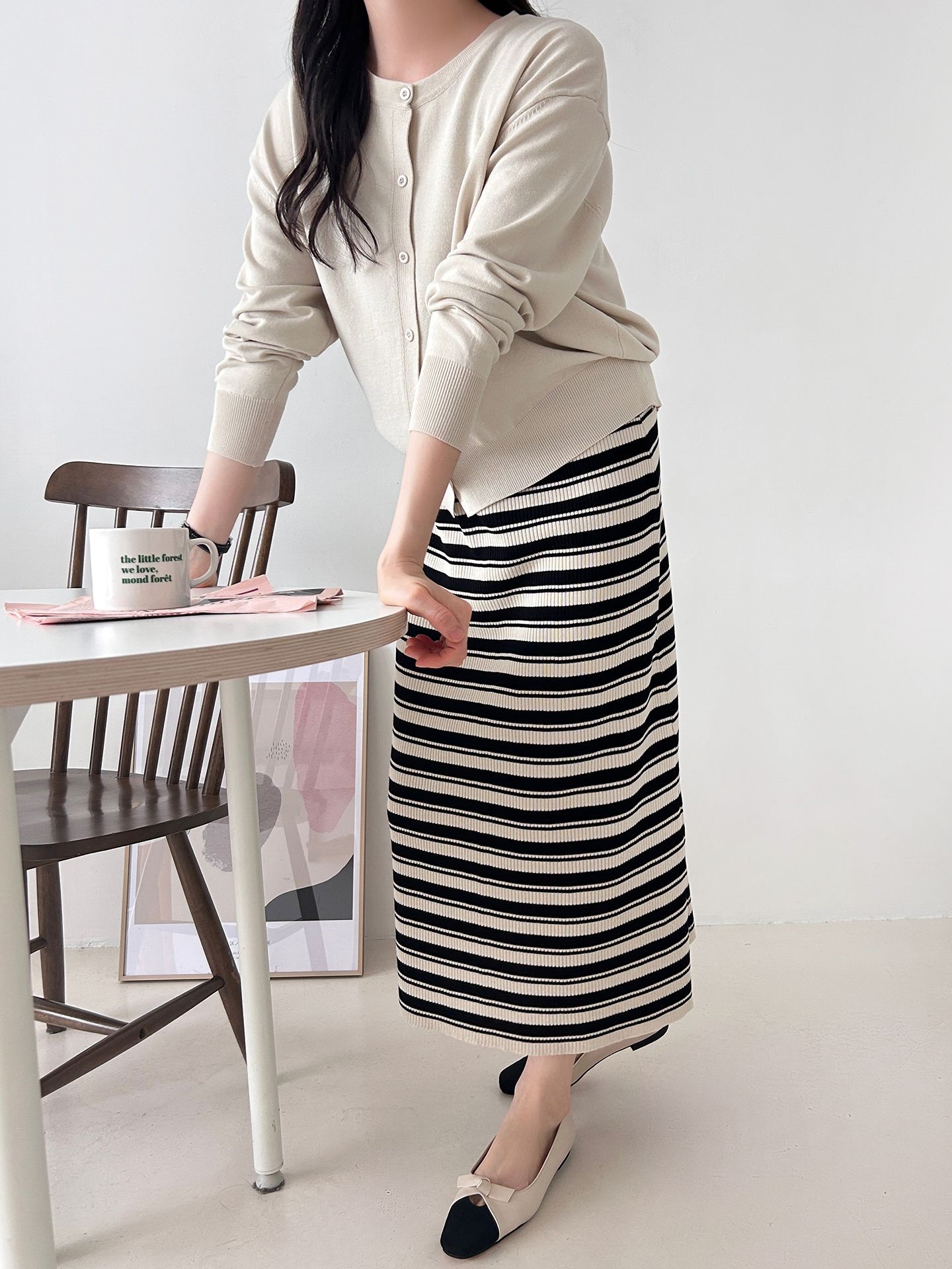ニットラウンドネックロングボーダーワンピースカーディガンアンサンブル | 詳細画像20