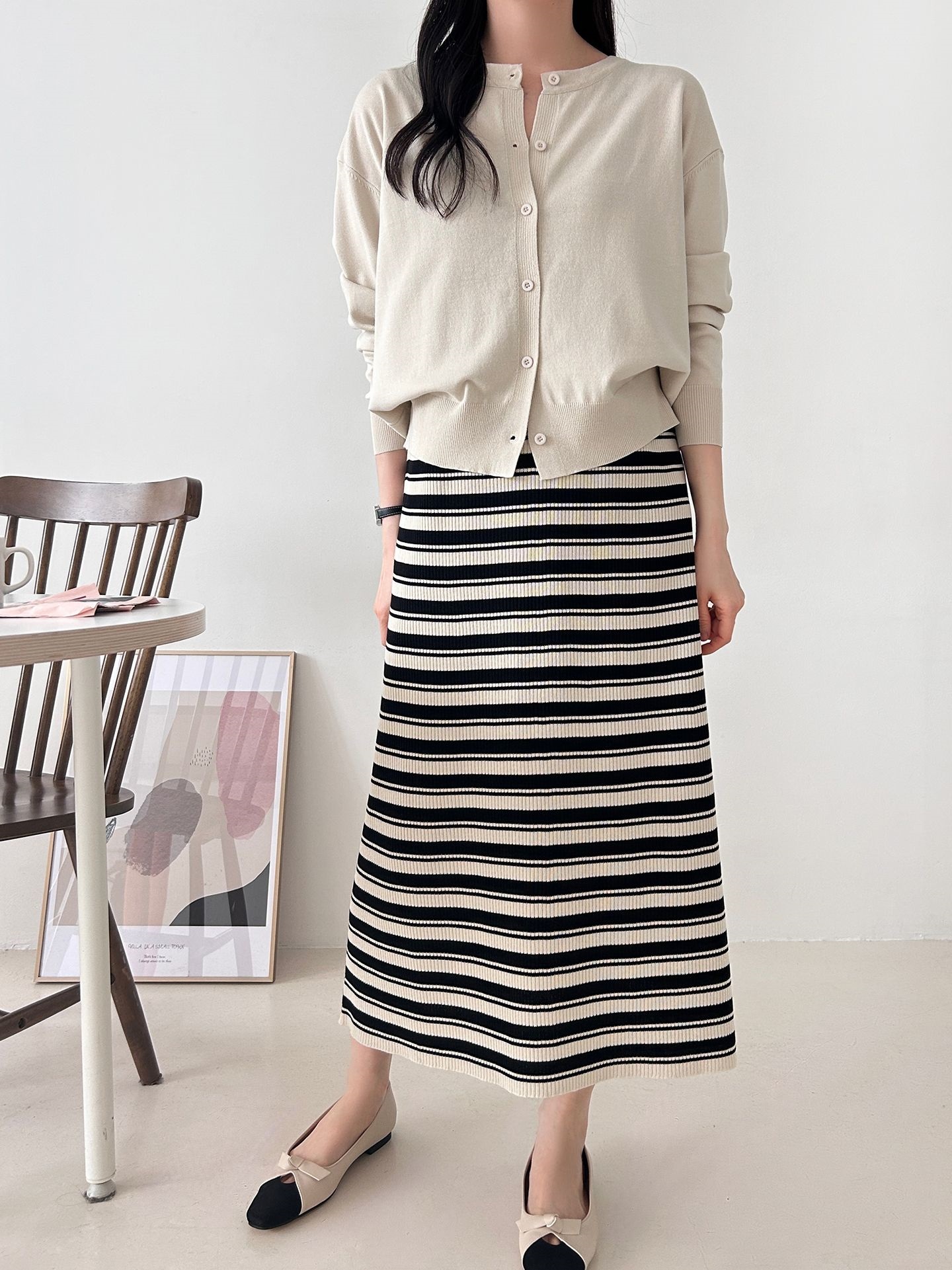 ニットラウンドネックロングボーダーワンピースカーディガンアンサンブル | 詳細画像21
