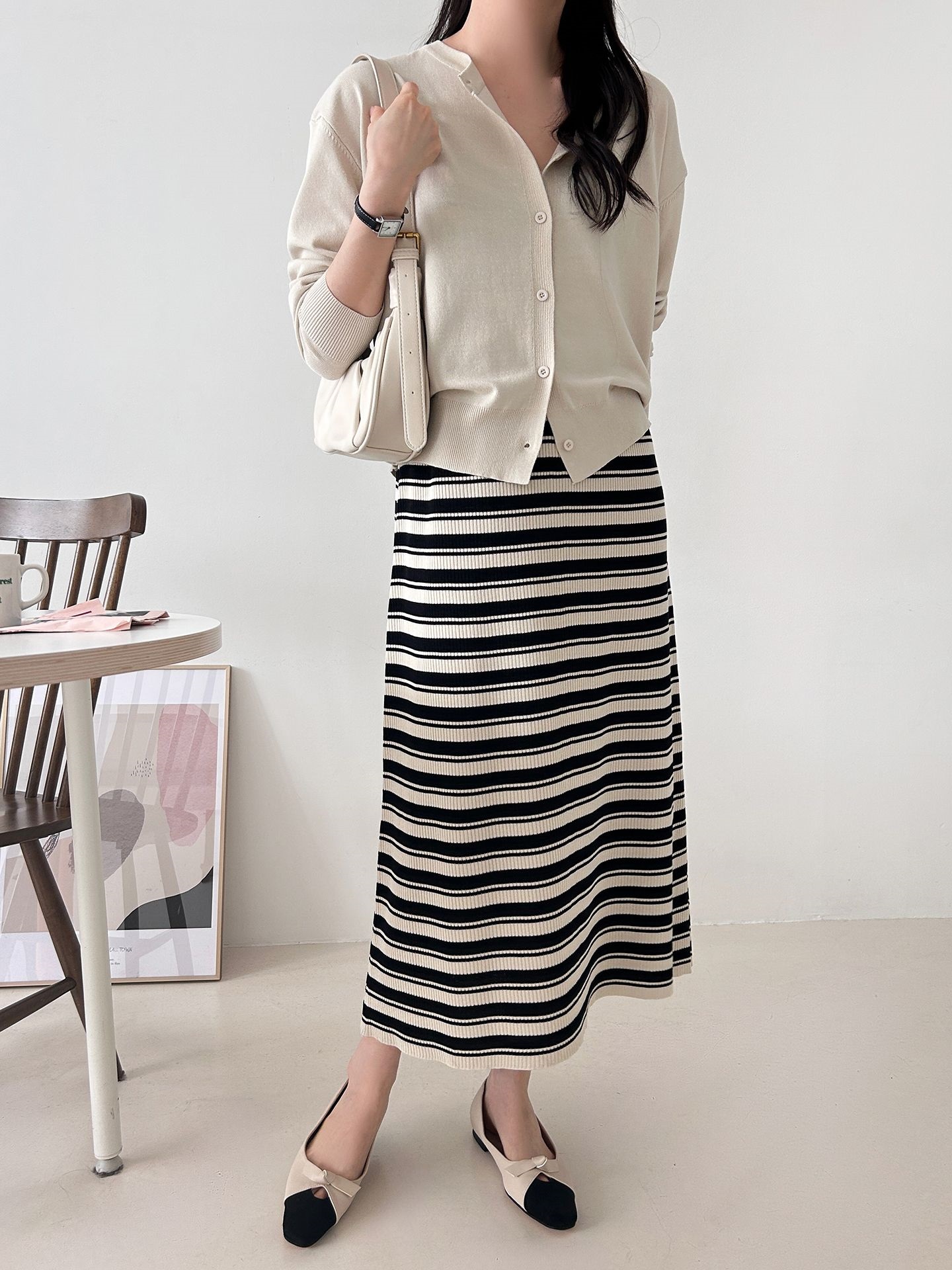 ニットラウンドネックロングボーダーワンピースカーディガンアンサンブル | 詳細画像22