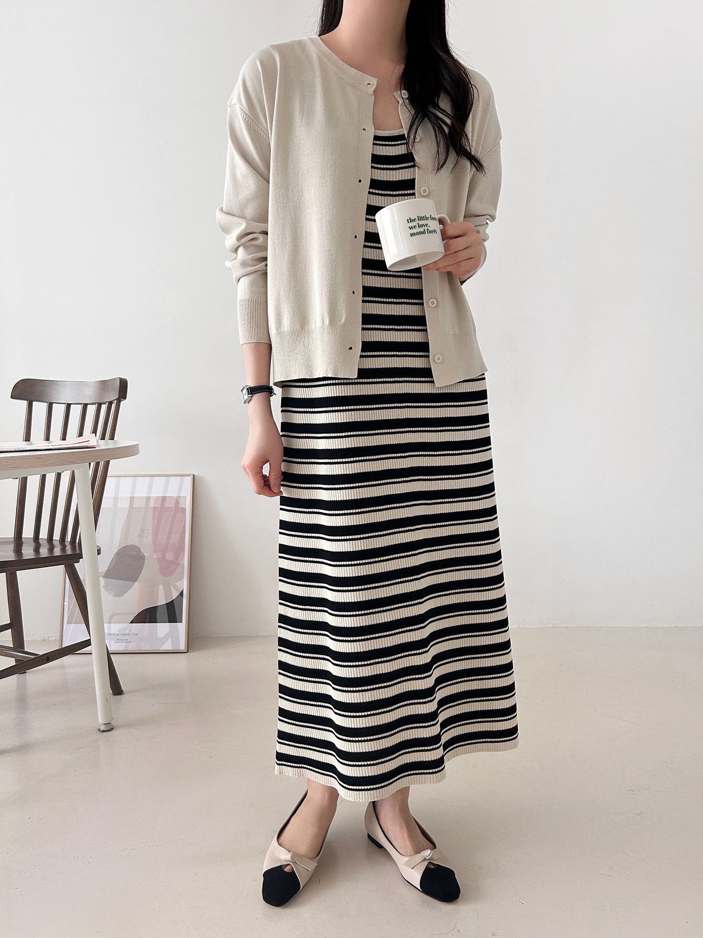 ニットラウンドネックロングボーダーワンピースカーディガンアンサンブル | 詳細画像23