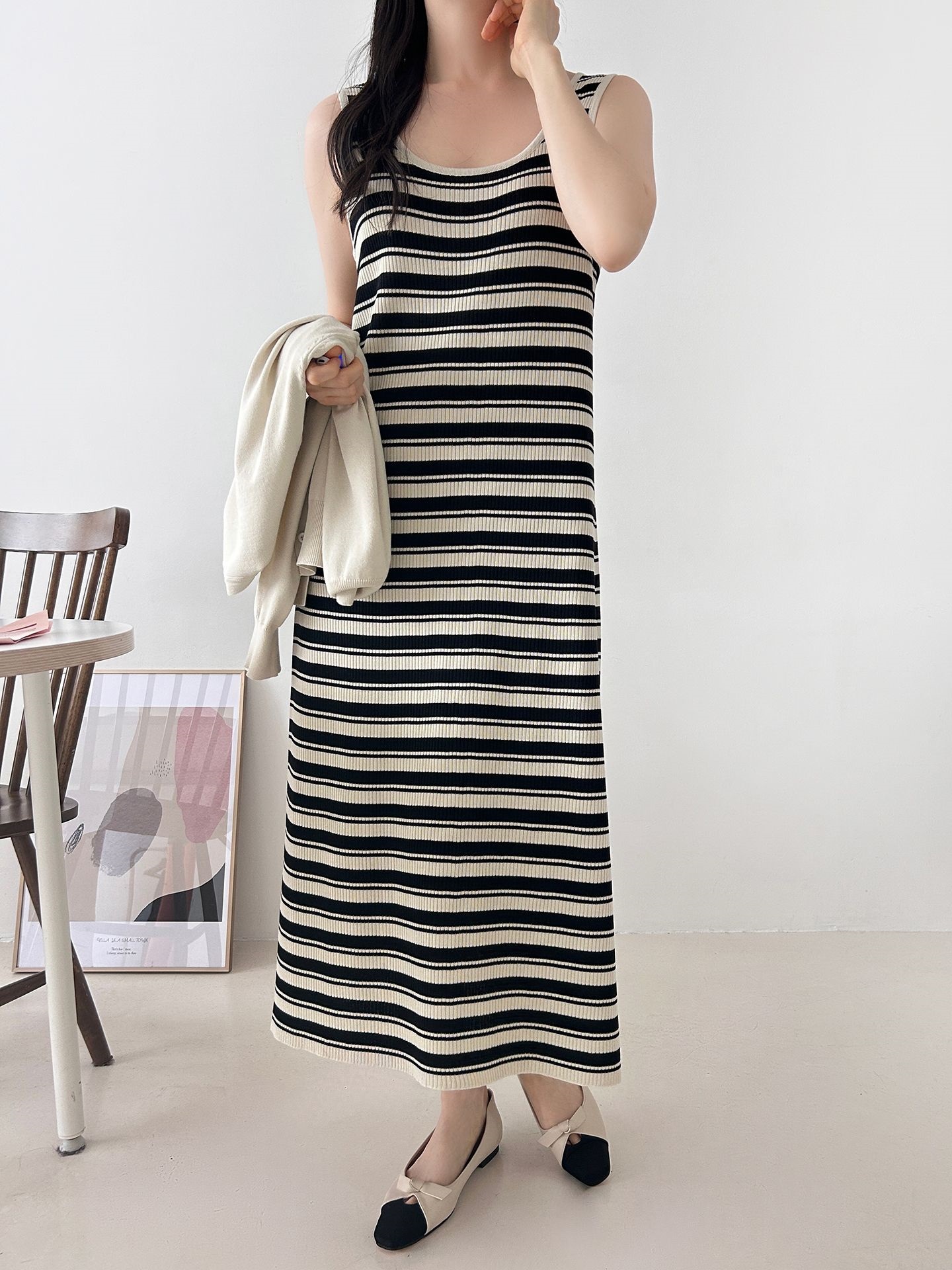 ニットラウンドネックロングボーダーワンピースカーディガンアンサンブル | 詳細画像25