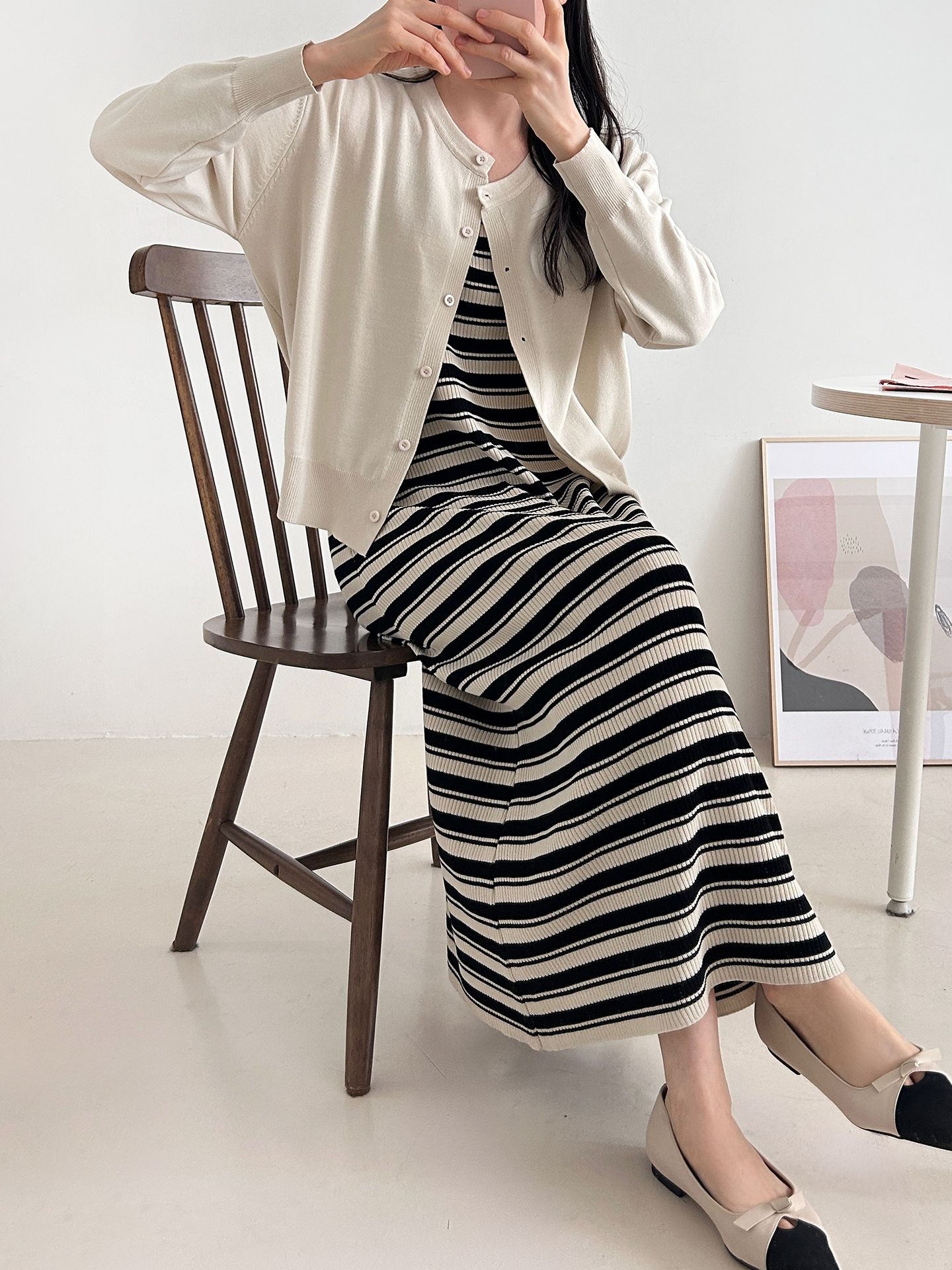 ニットラウンドネックロングボーダーワンピースカーディガンアンサンブル | 詳細画像27