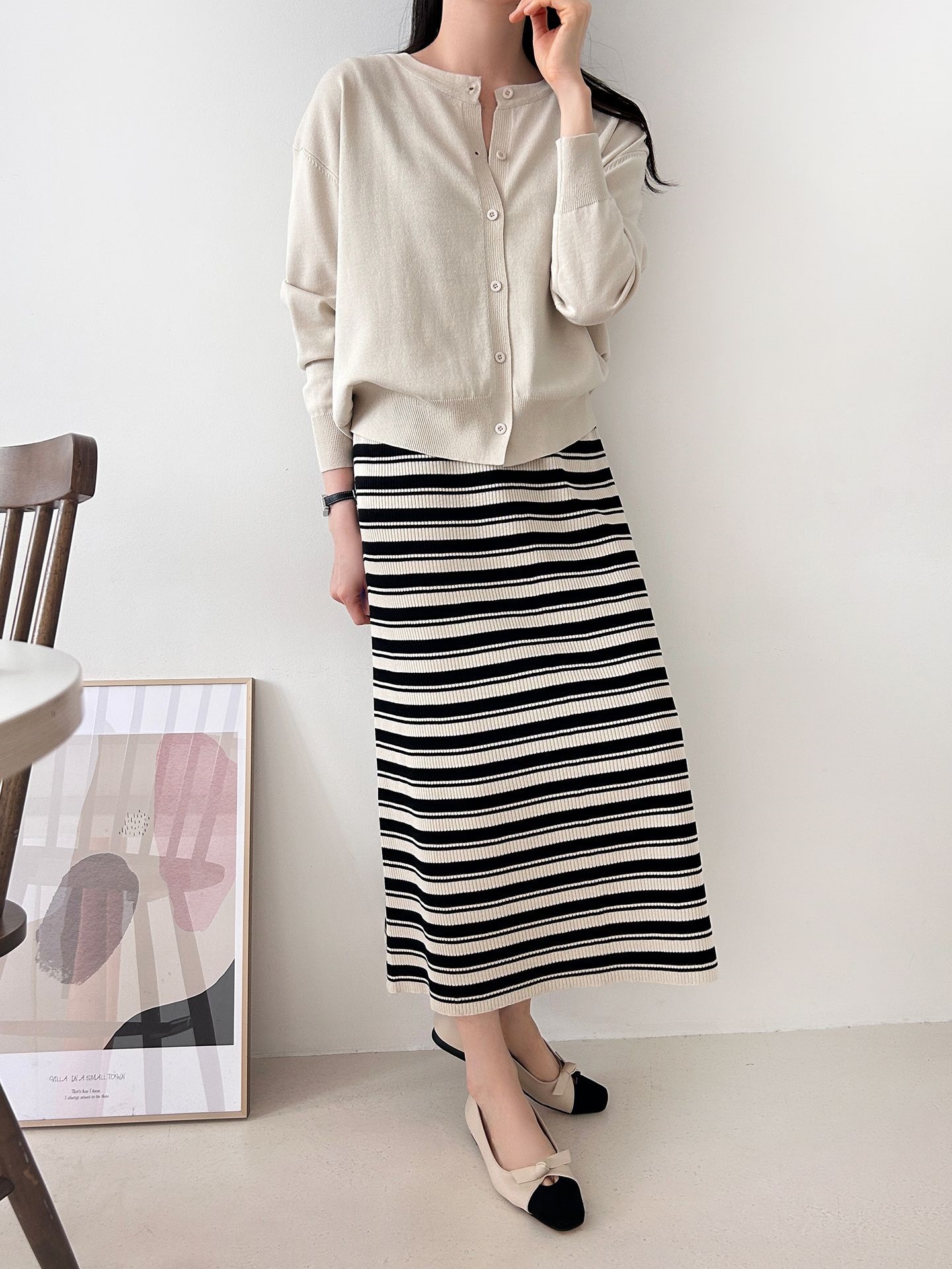 ニットラウンドネックロングボーダーワンピースカーディガンアンサンブル | 詳細画像16