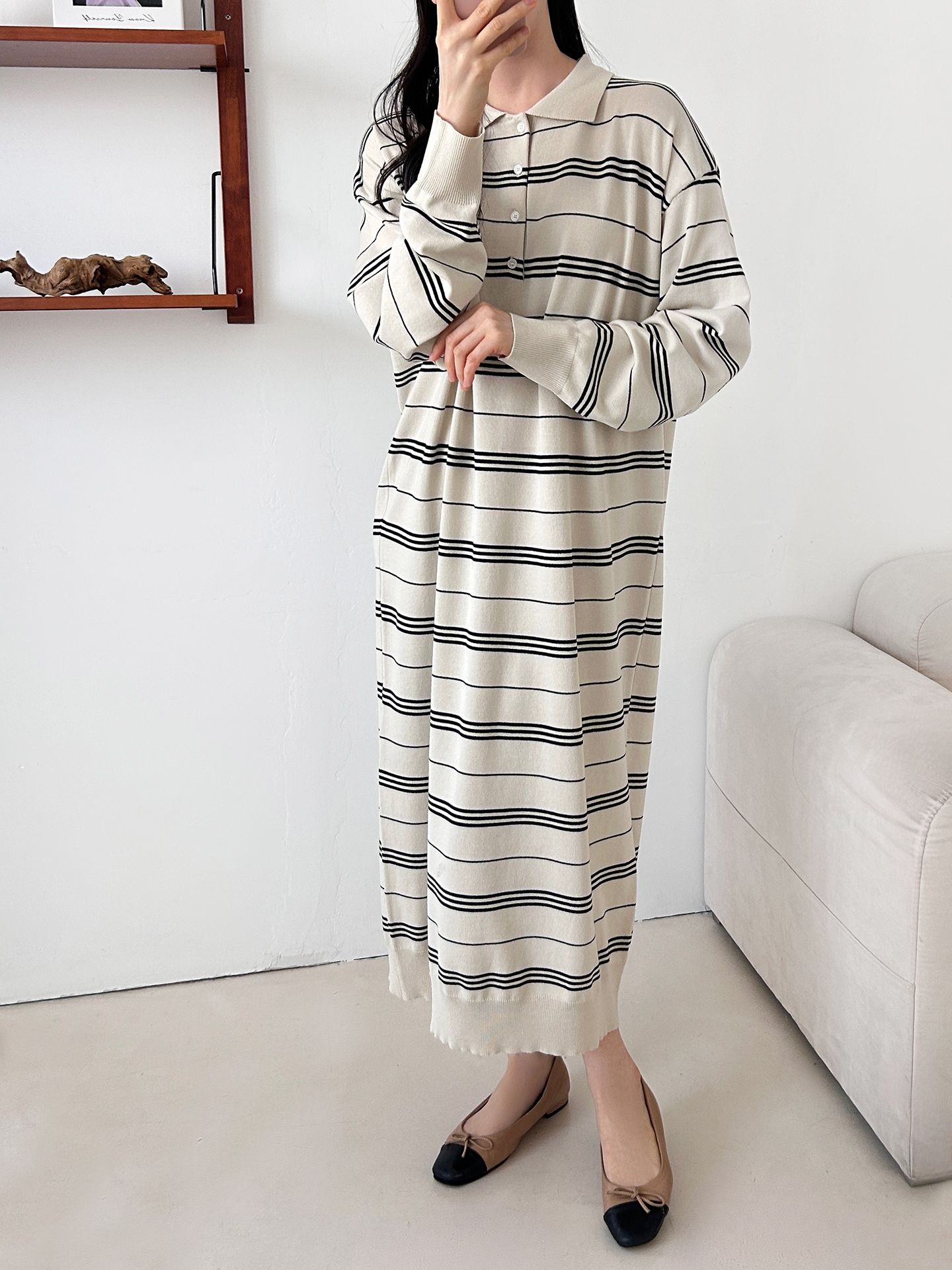 ニットボタンカラーロング長袖ボーダーワンピース | 詳細画像2