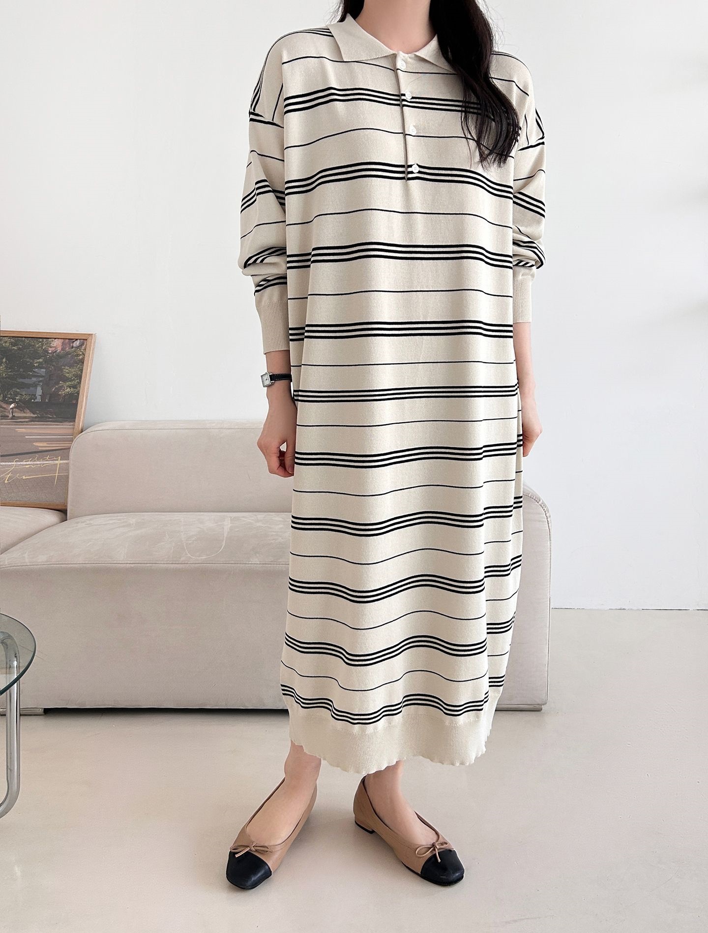 ニットボタンカラーロング長袖ボーダーワンピース | 詳細画像4