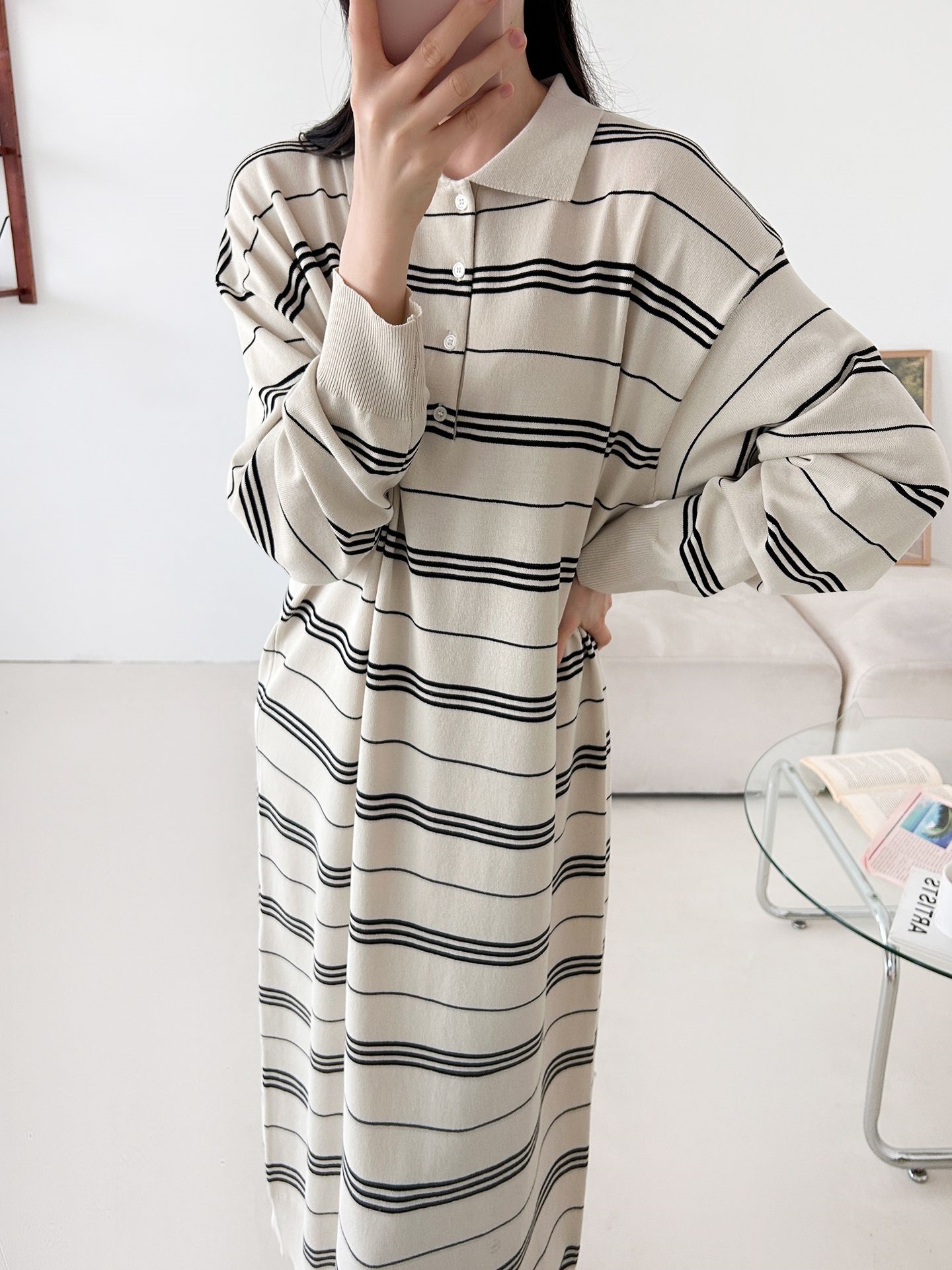 ニットボタンカラーロング長袖ボーダーワンピース | 詳細画像6