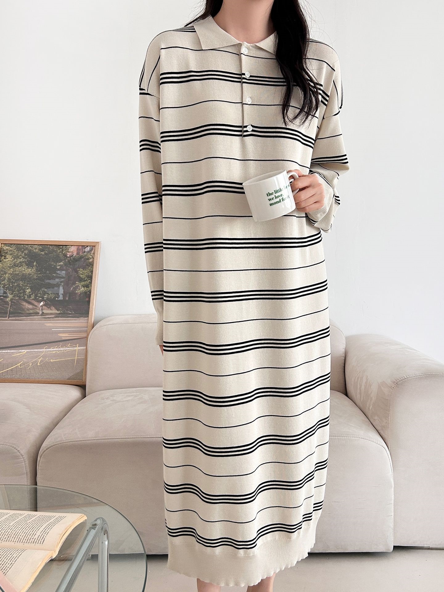 ニットボタンカラーロング長袖ボーダーワンピース | 詳細画像7