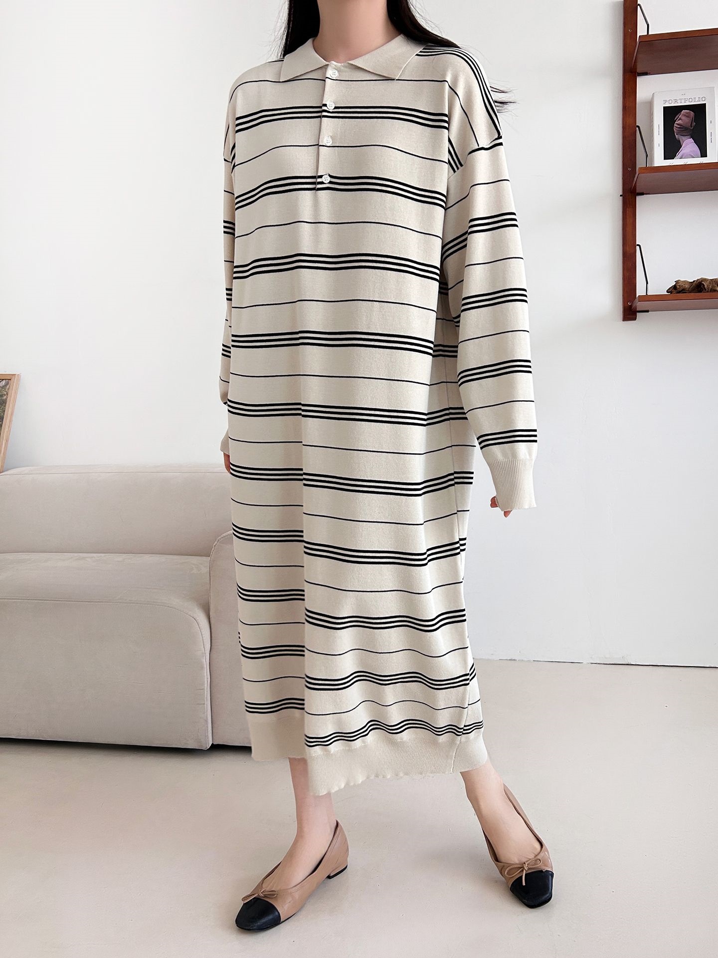 ニットボタンカラーロング長袖ボーダーワンピース | 詳細画像12