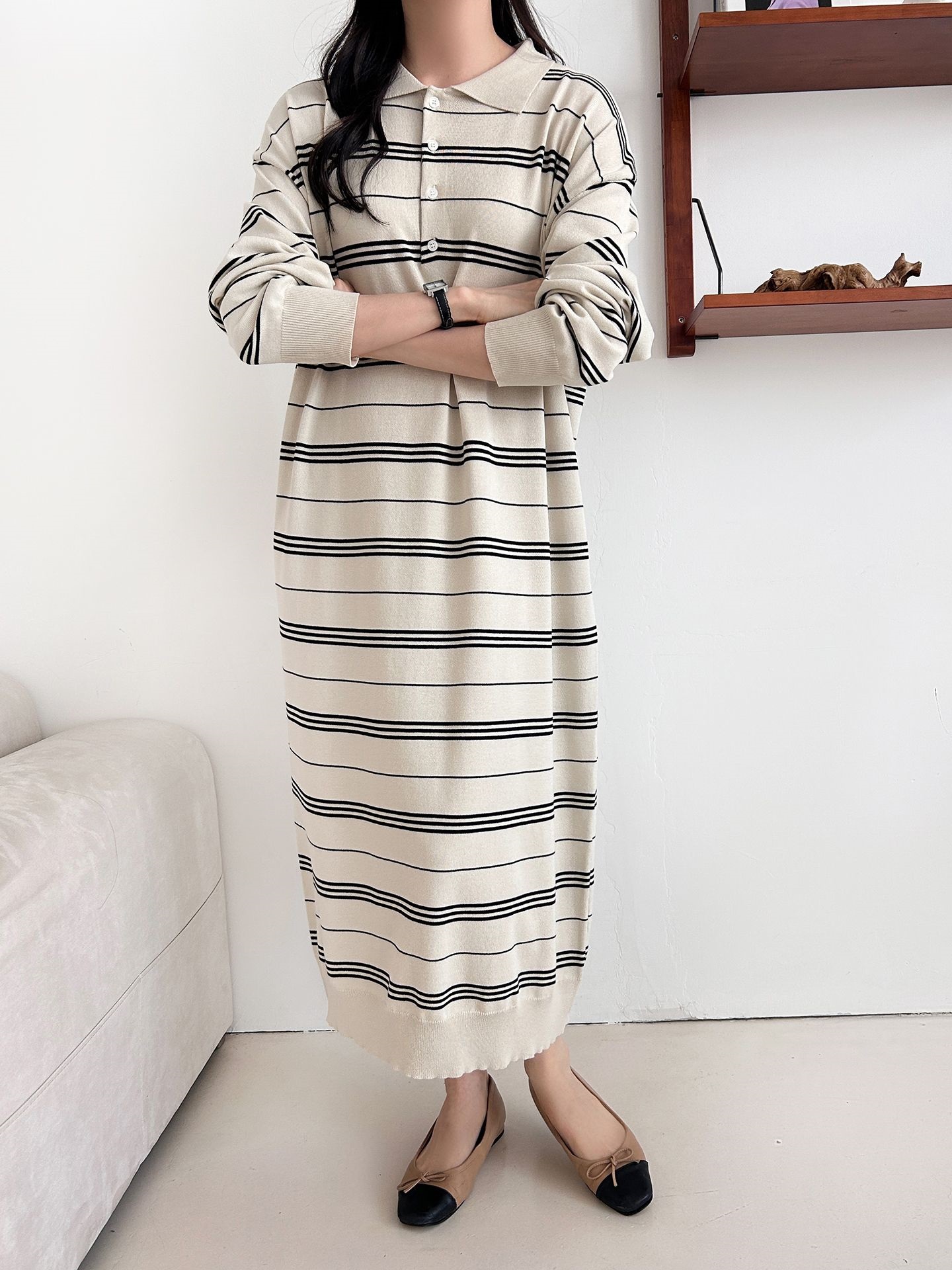 ニットボタンカラーロング長袖ボーダーワンピース | 詳細画像8