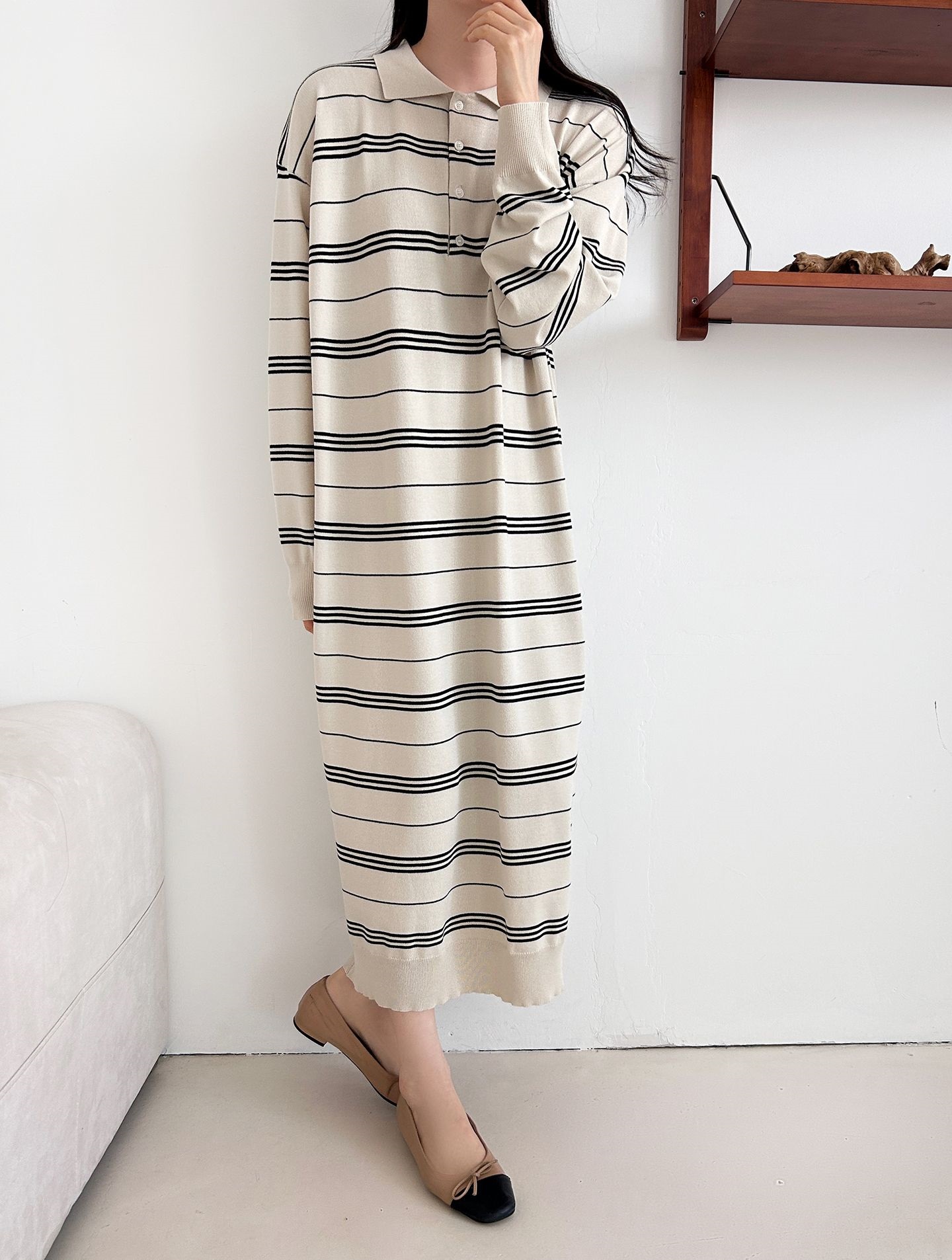 ニットボタンカラーロング長袖ボーダーワンピース | 詳細画像9