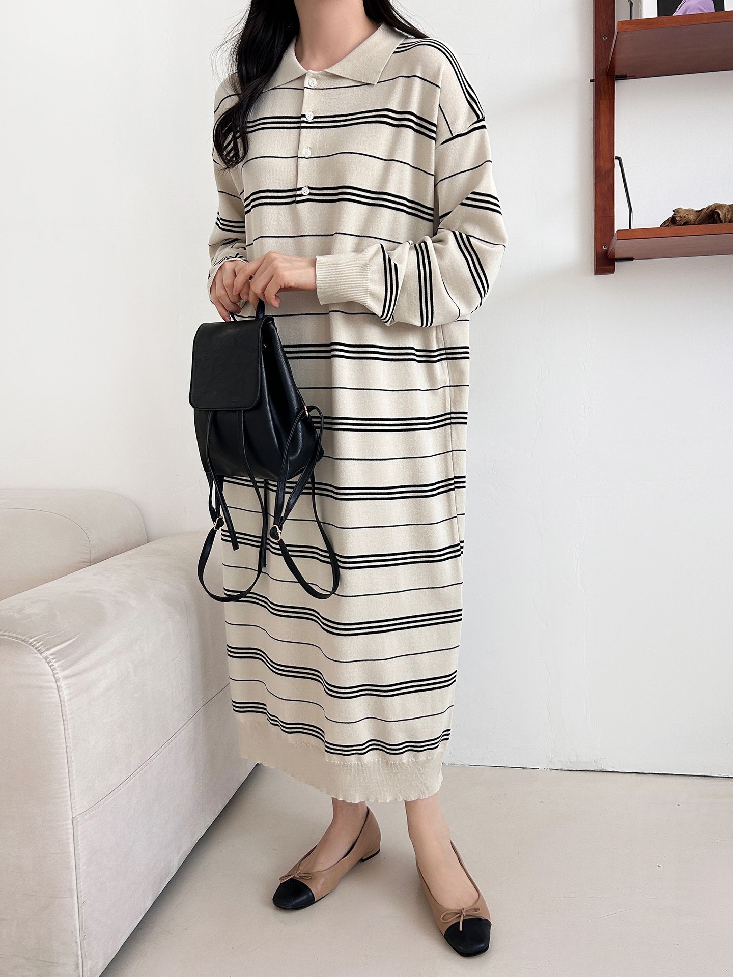 ニットボタンカラーロング長袖ボーダーワンピース | 詳細画像11