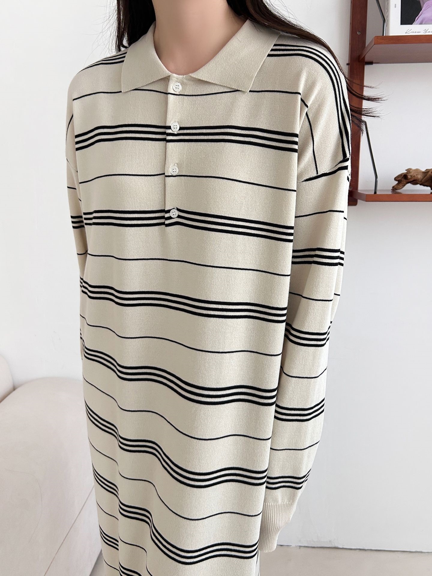 ニットボタンカラーロング長袖ボーダーワンピース | 詳細画像13