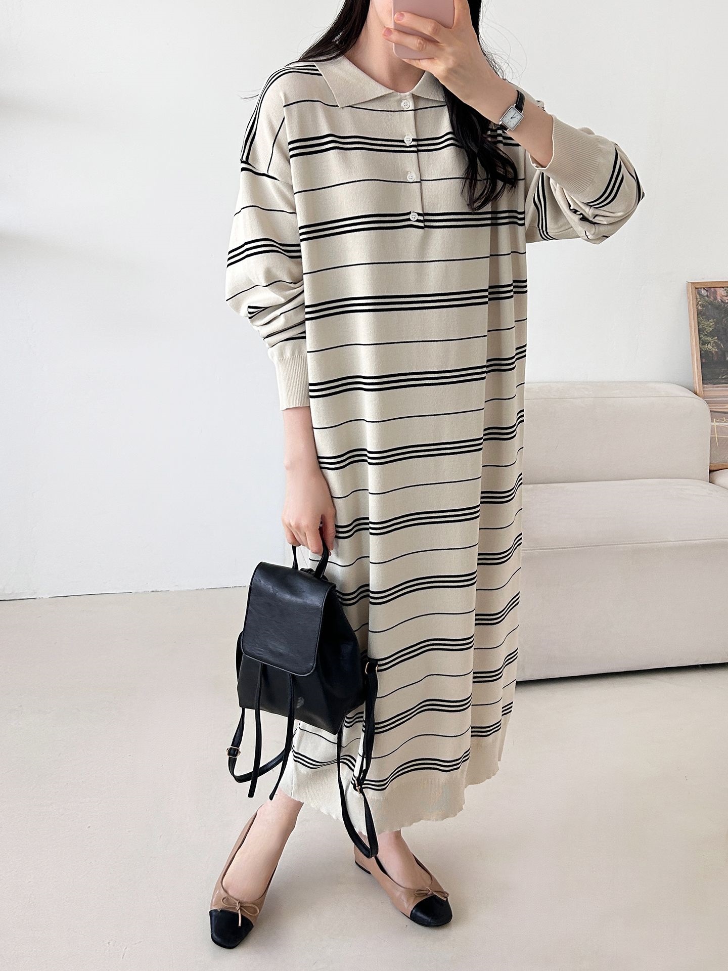 ニットボタンカラーロング長袖ボーダーワンピース | 詳細画像3