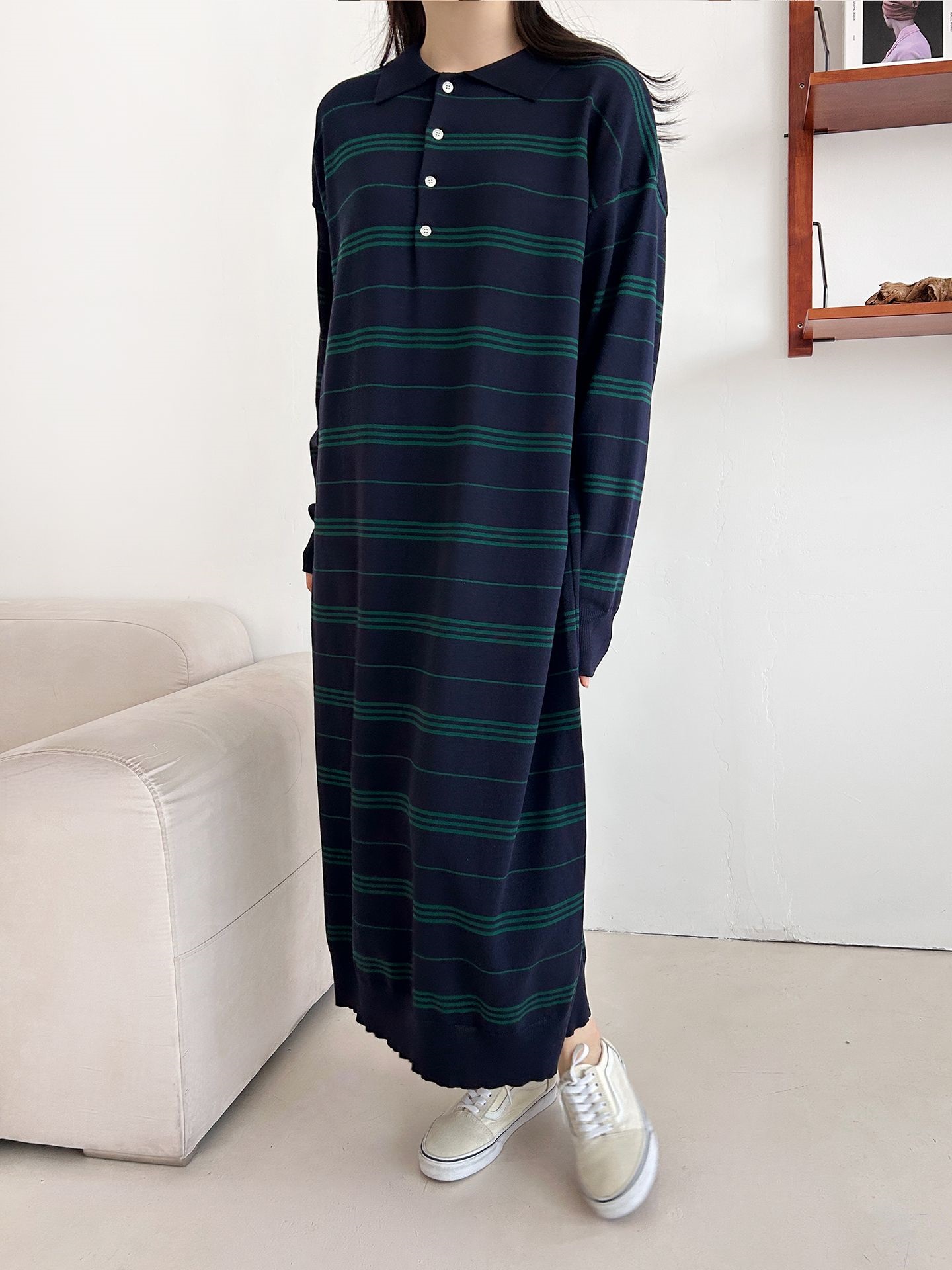 ニットボタンカラーロング長袖ボーダーワンピース | 詳細画像14