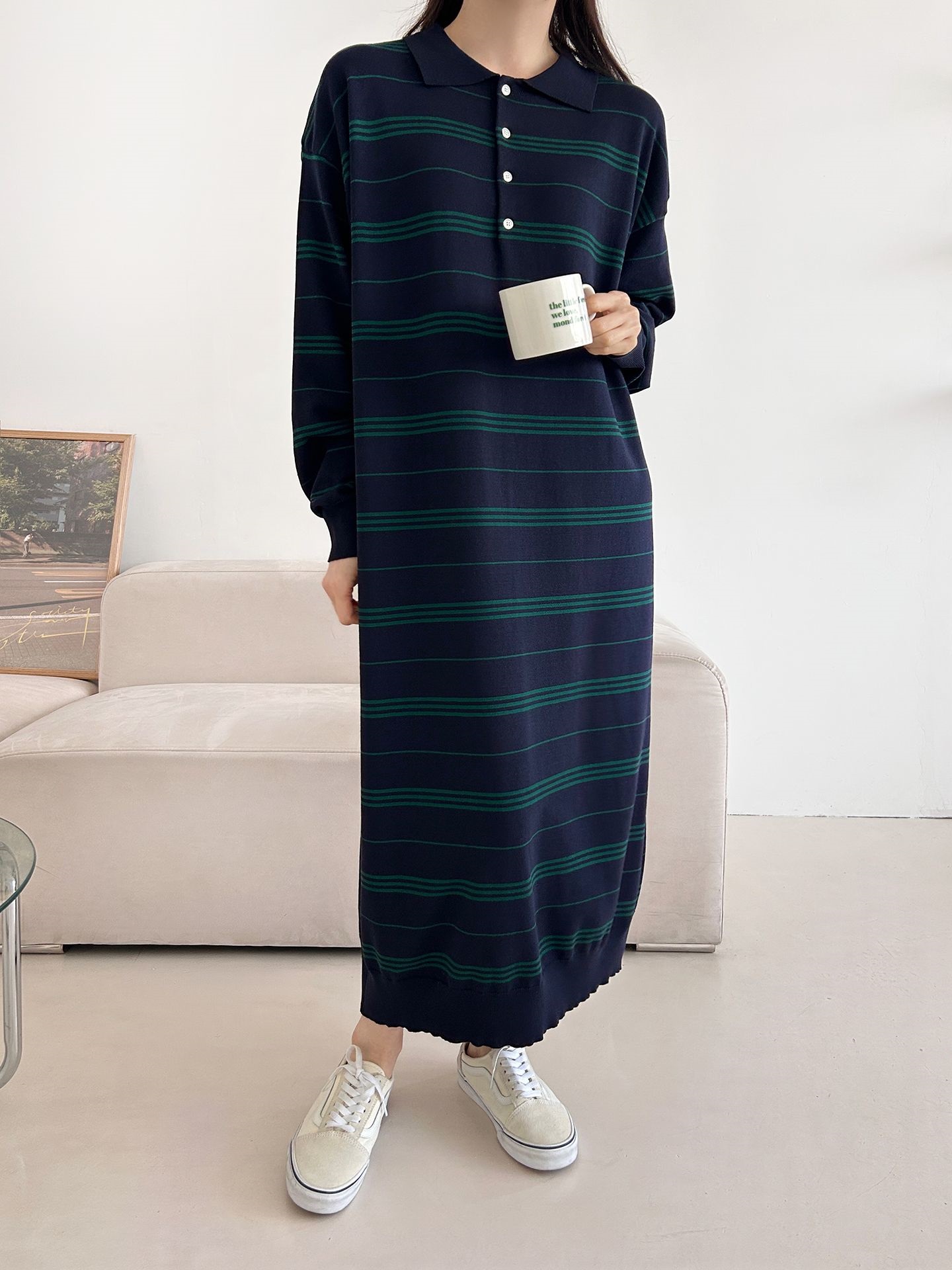 ニットボタンカラーロング長袖ボーダーワンピース | 詳細画像15