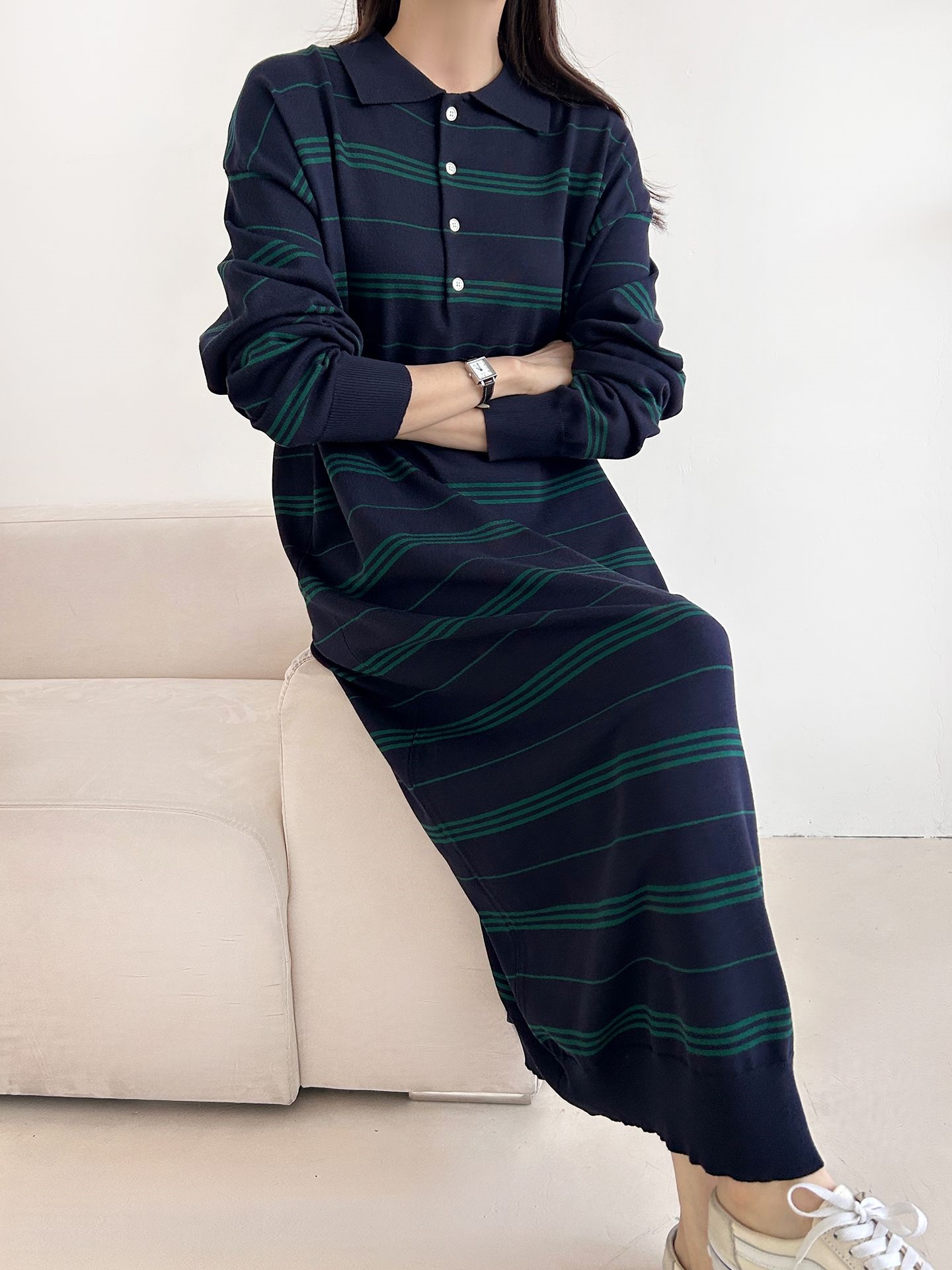 ニットボタンカラーロング長袖ボーダーワンピース | 詳細画像16