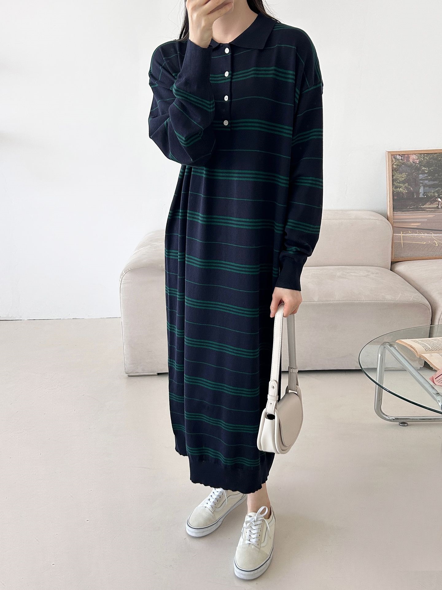 ニットボタンカラーロング長袖ボーダーワンピース | 詳細画像17