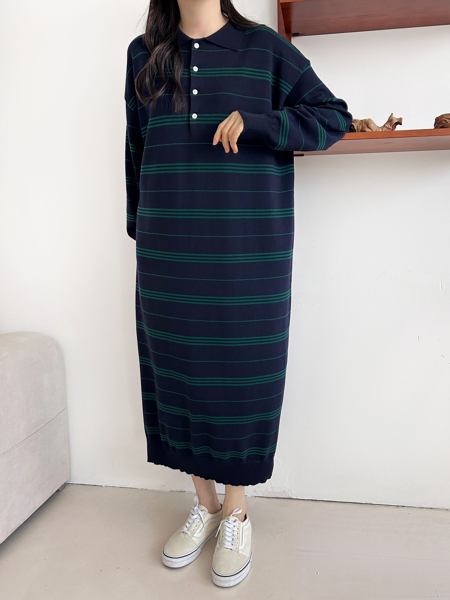ニットボタンカラーロング長袖ボーダーワンピース | 詳細画像19