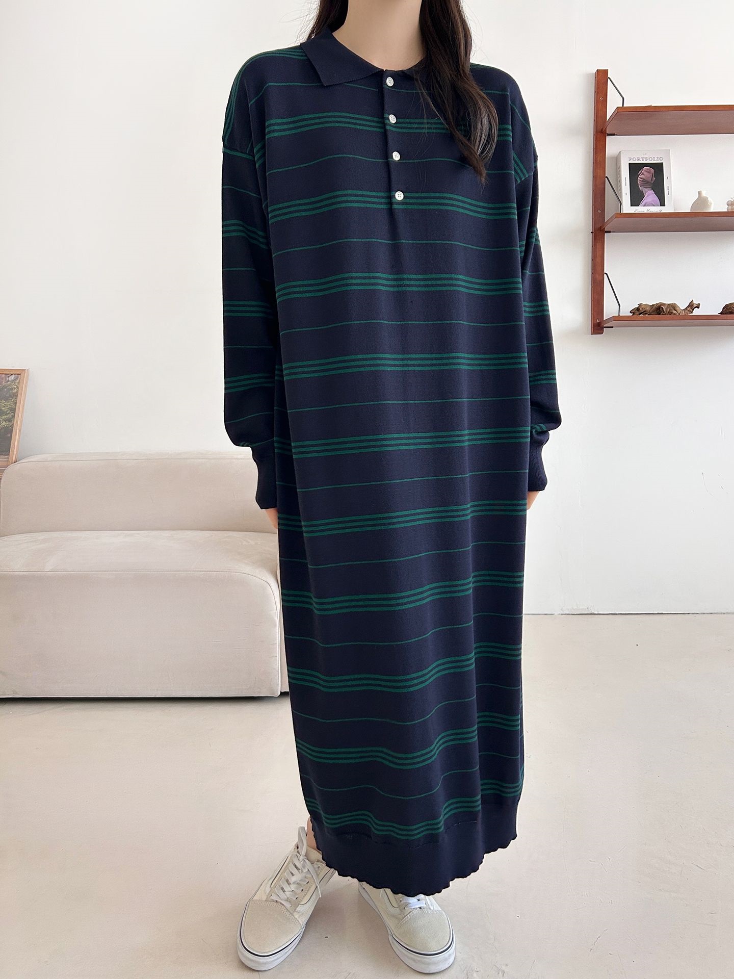 ニットボタンカラーロング長袖ボーダーワンピース | 詳細画像21