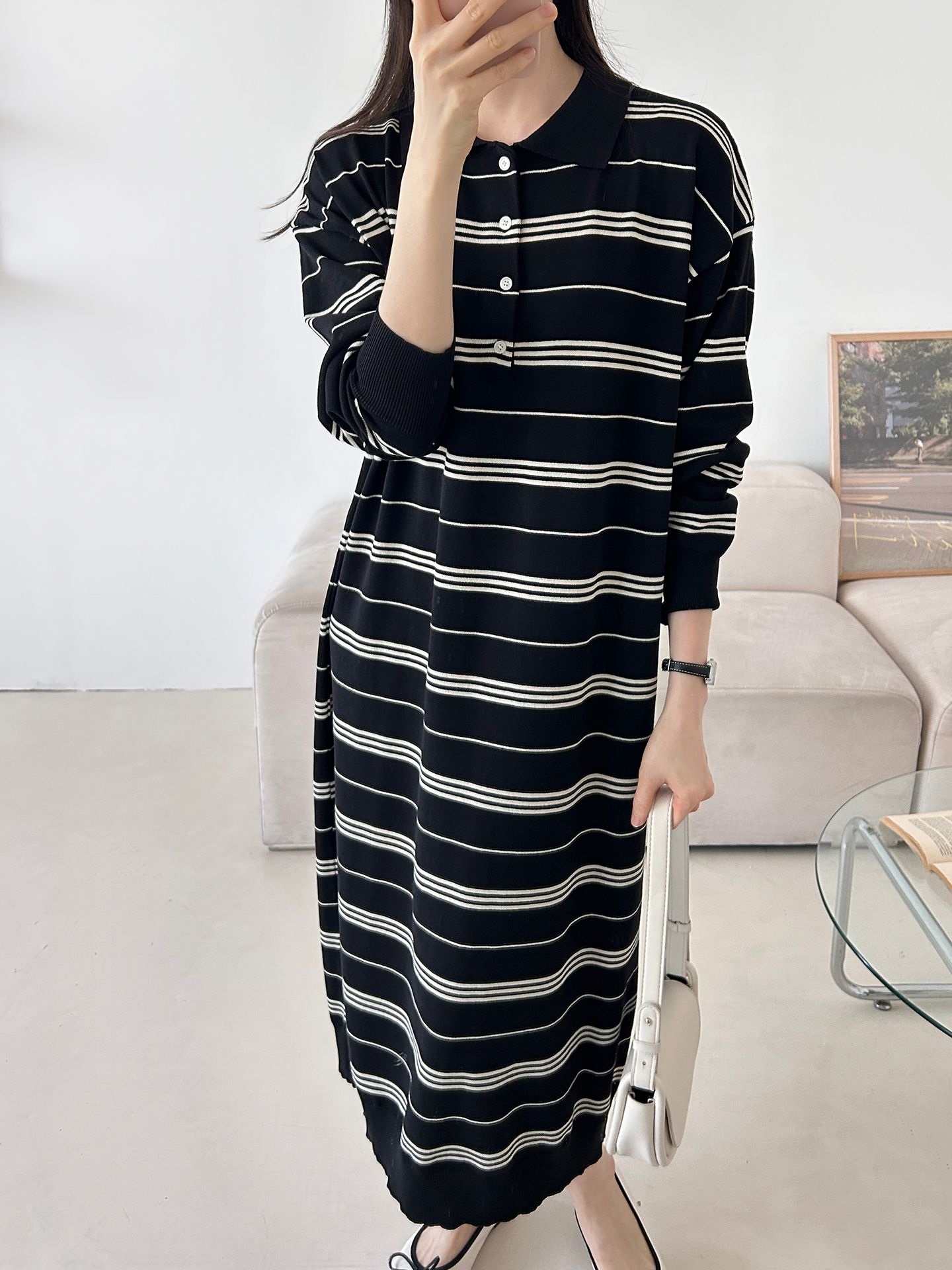 ニットボタンカラーロング長袖ボーダーワンピース | 詳細画像24