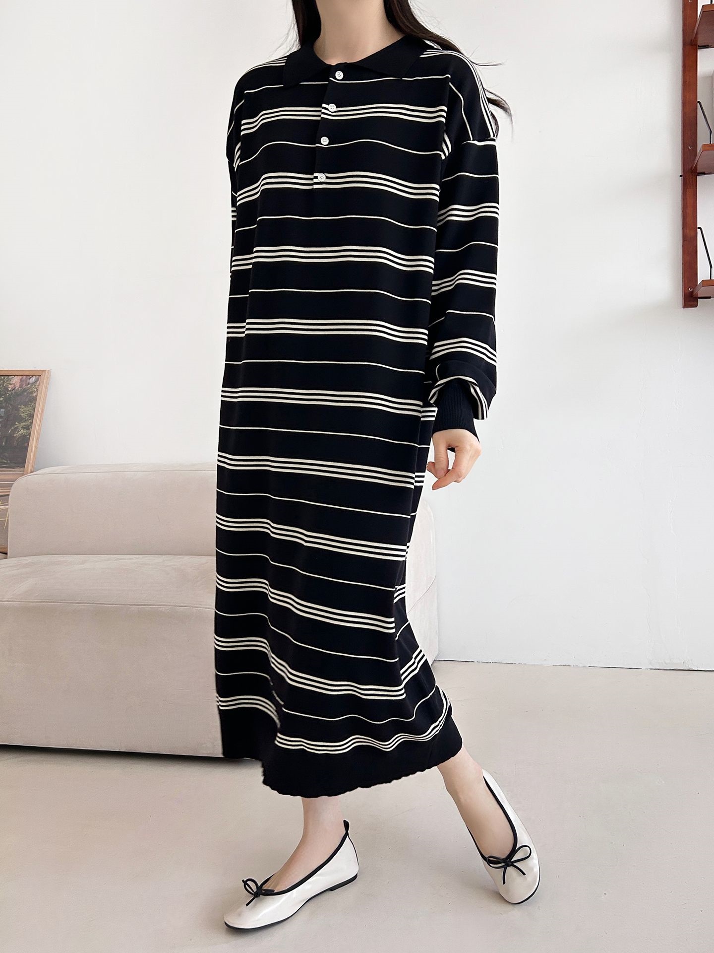 ニットボタンカラーロング長袖ボーダーワンピース | 詳細画像25