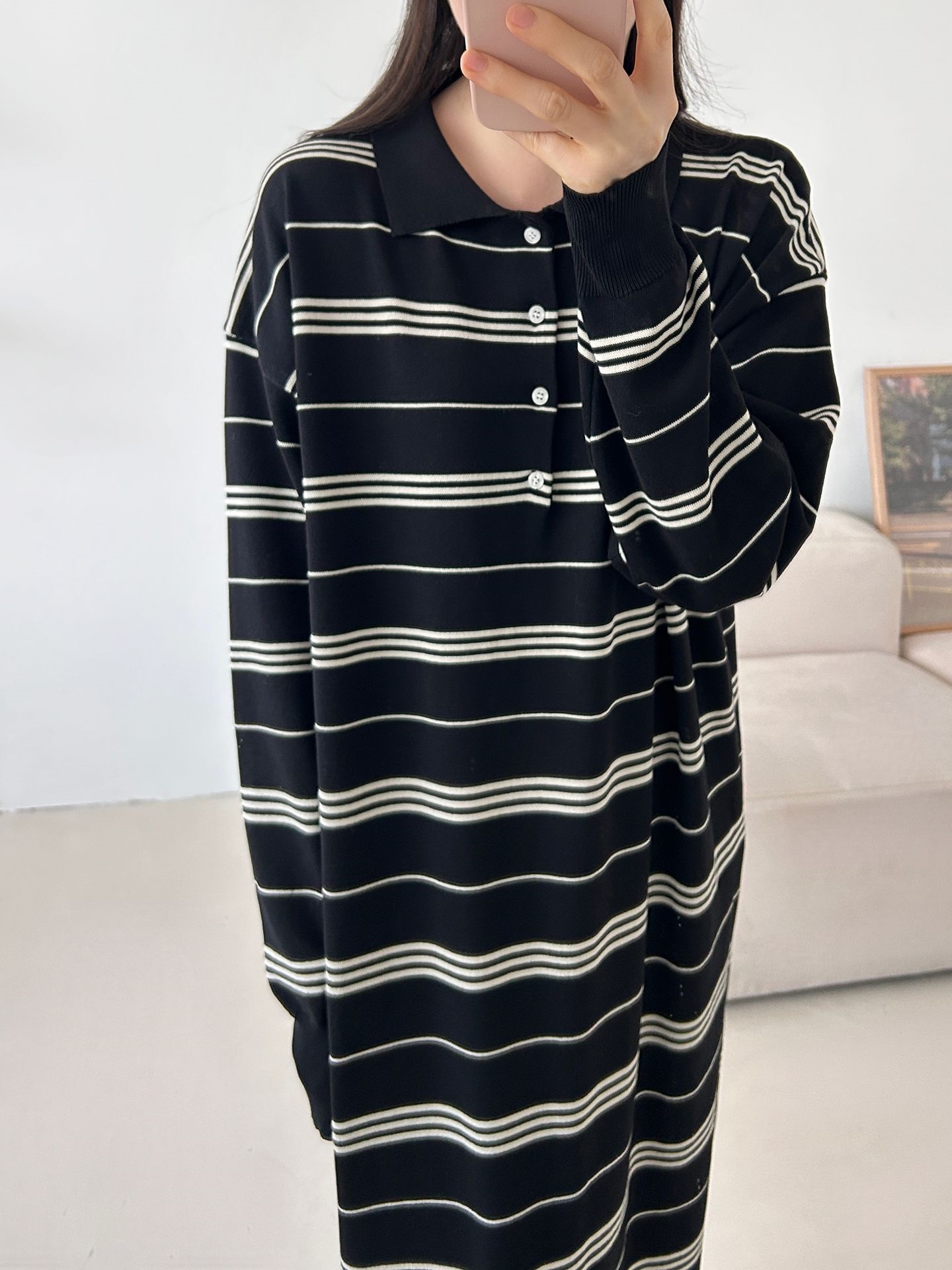 ニットボタンカラーロング長袖ボーダーワンピース | 詳細画像26