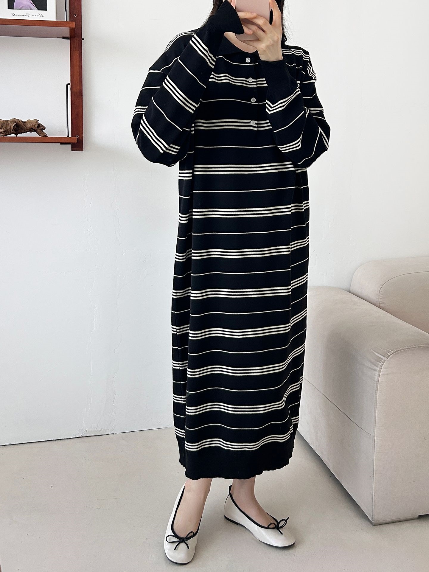 ニットボタンカラーロング長袖ボーダーワンピース | 詳細画像28