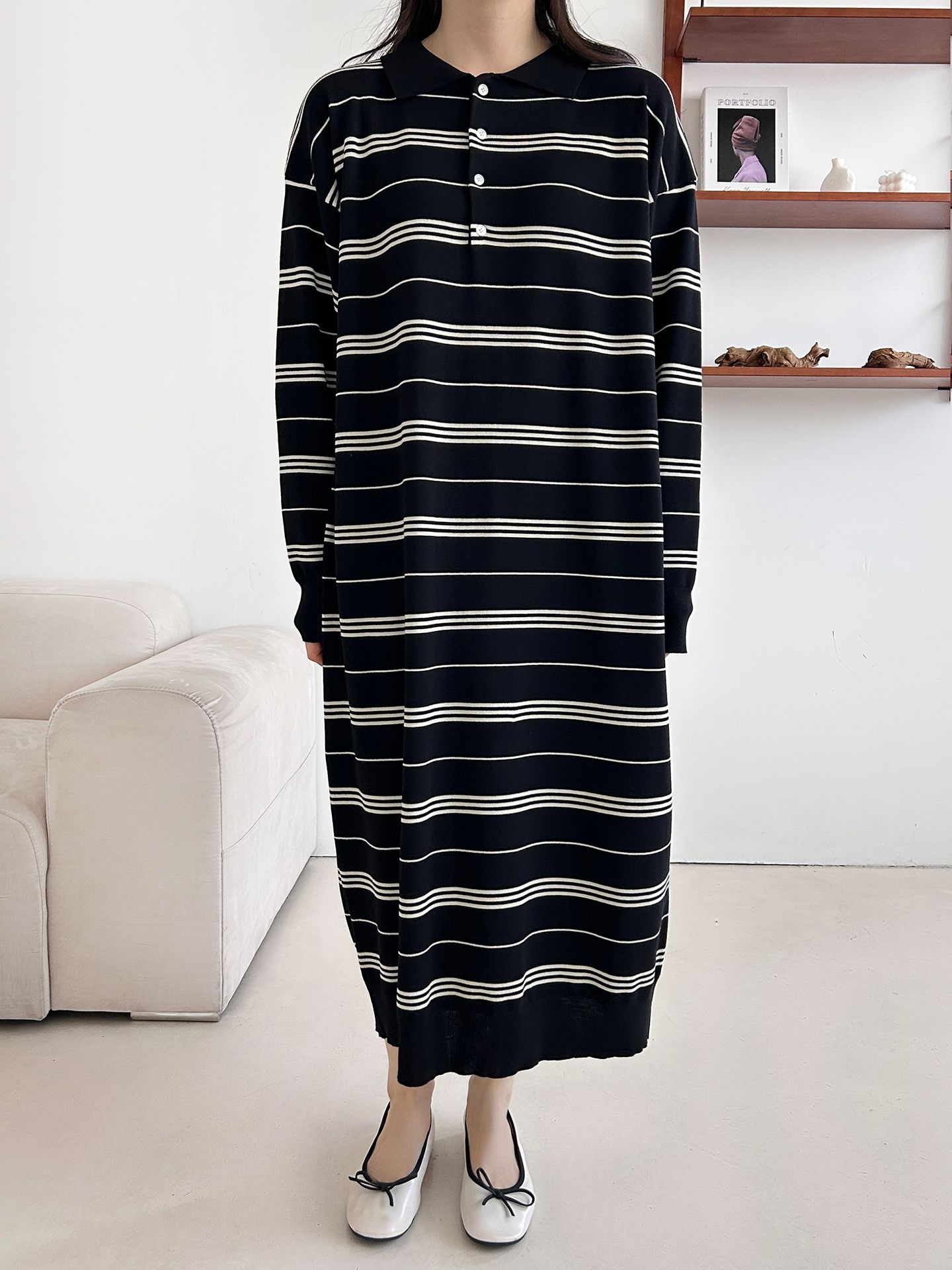 ニットボタンカラーロング長袖ボーダーワンピース | 詳細画像30