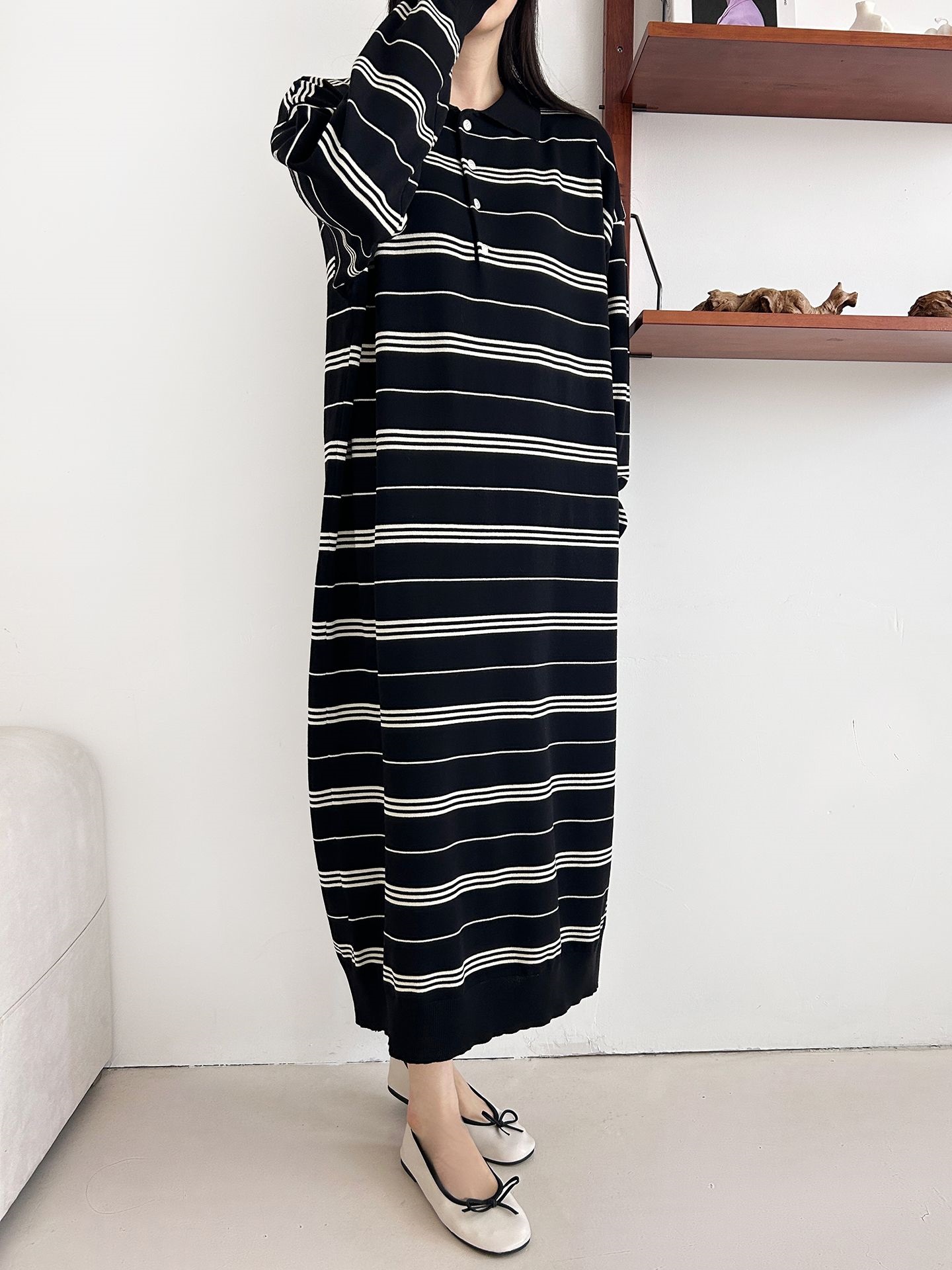 ニットボタンカラーロング長袖ボーダーワンピース | 詳細画像31