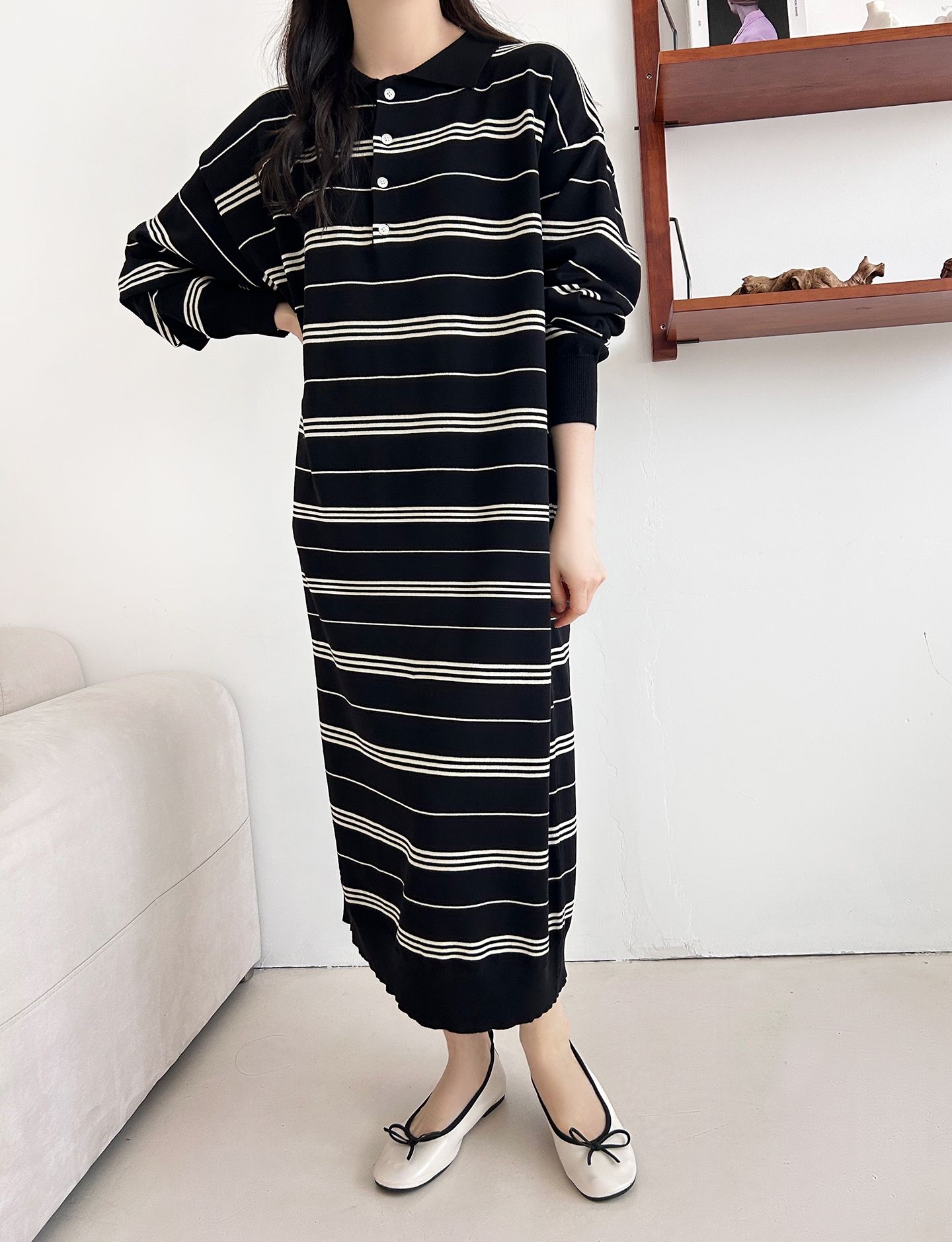 ニットボタンカラーロング長袖ボーダーワンピース | 詳細画像32