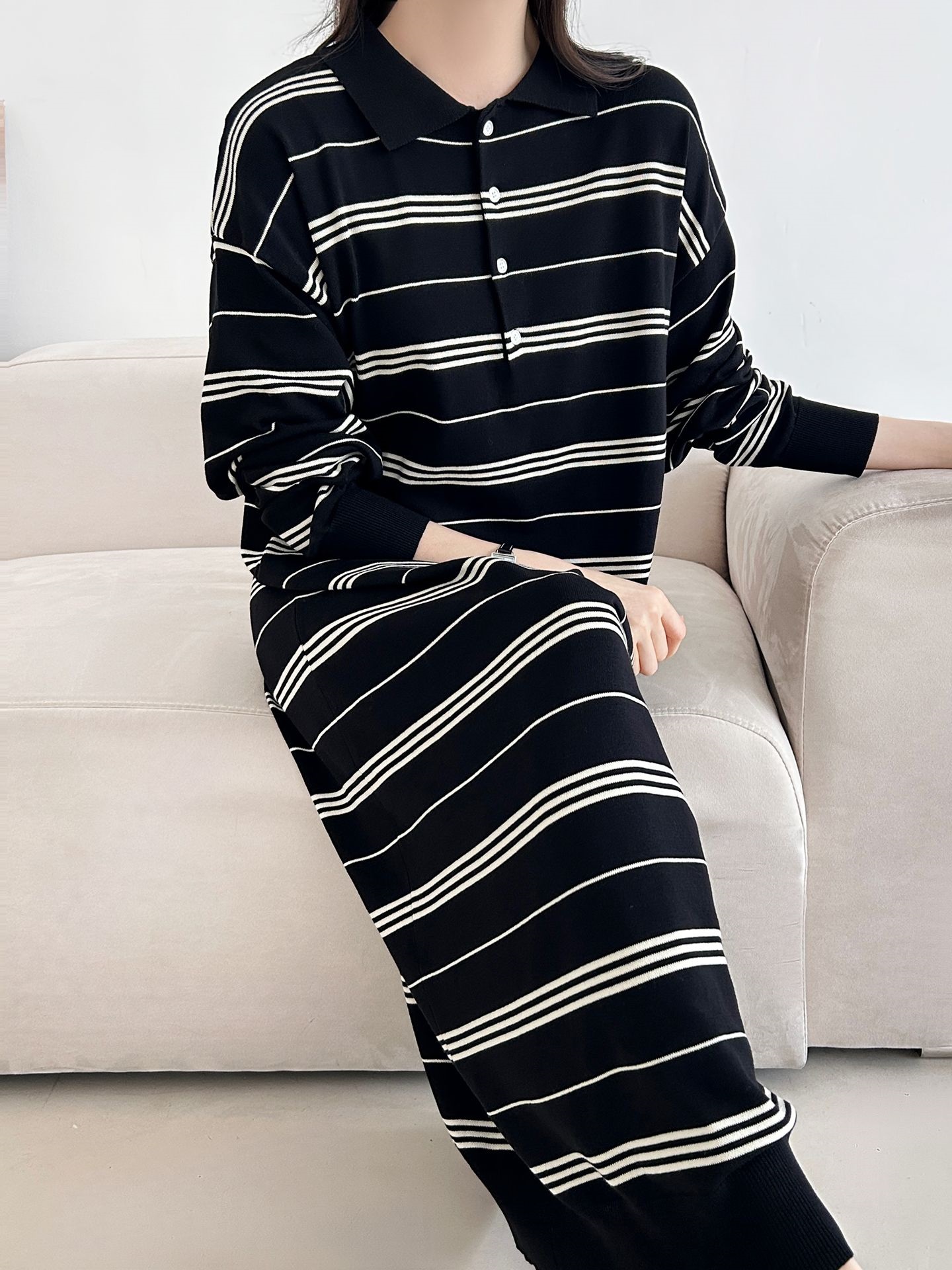 ニットボタンカラーロング長袖ボーダーワンピース | 詳細画像33