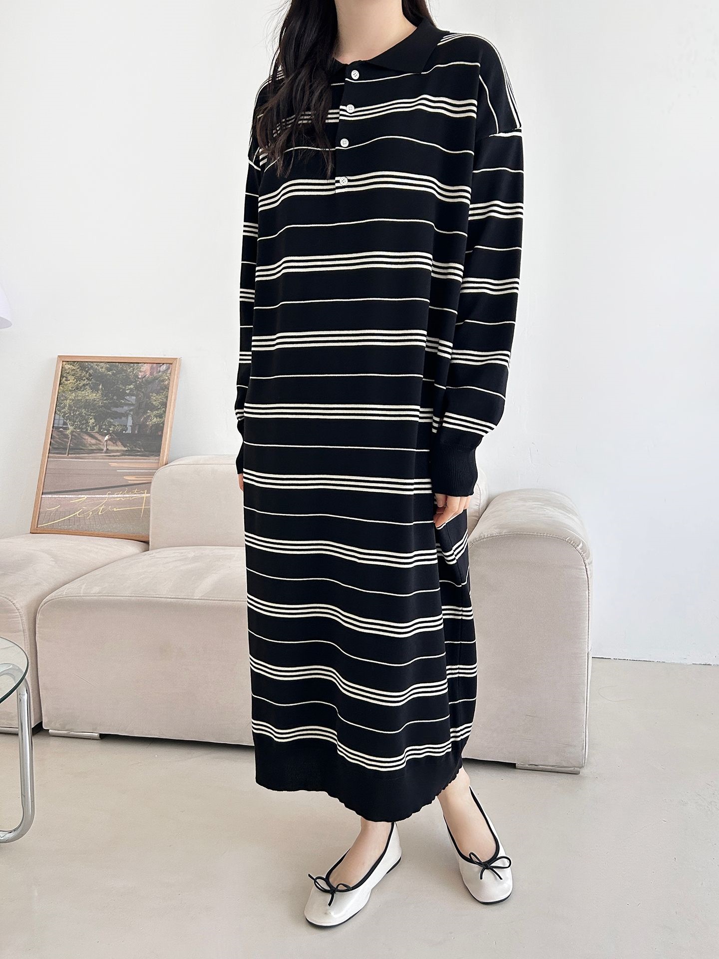 ニットボタンカラーロング長袖ボーダーワンピース | 詳細画像29