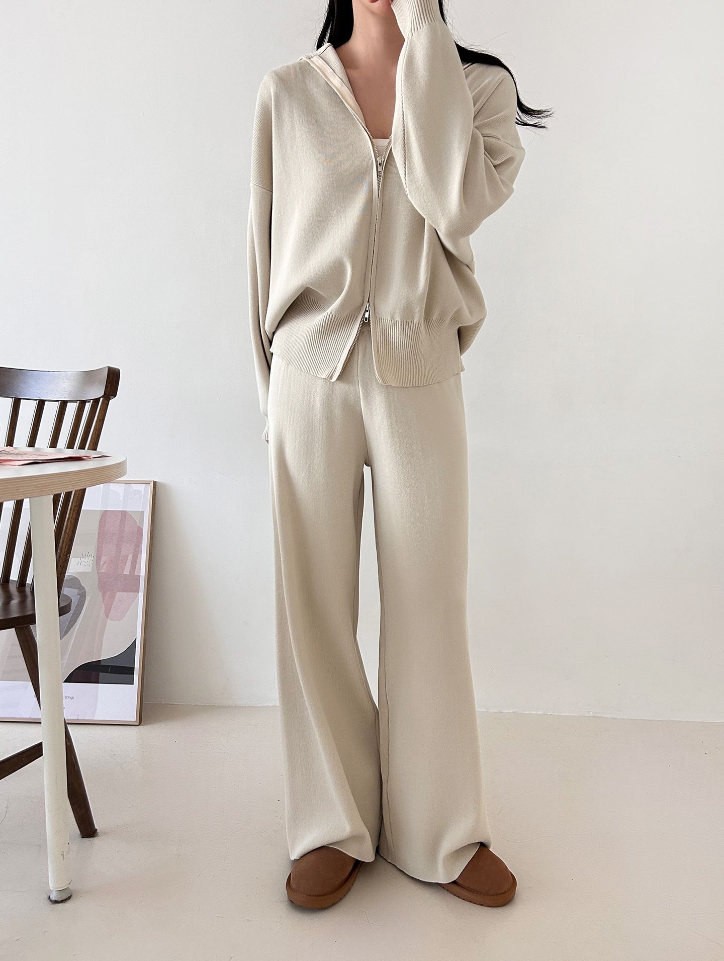 ジップアップハイネックダブルジップウエストゴムセットアップパンツカーディガン | 詳細画像3